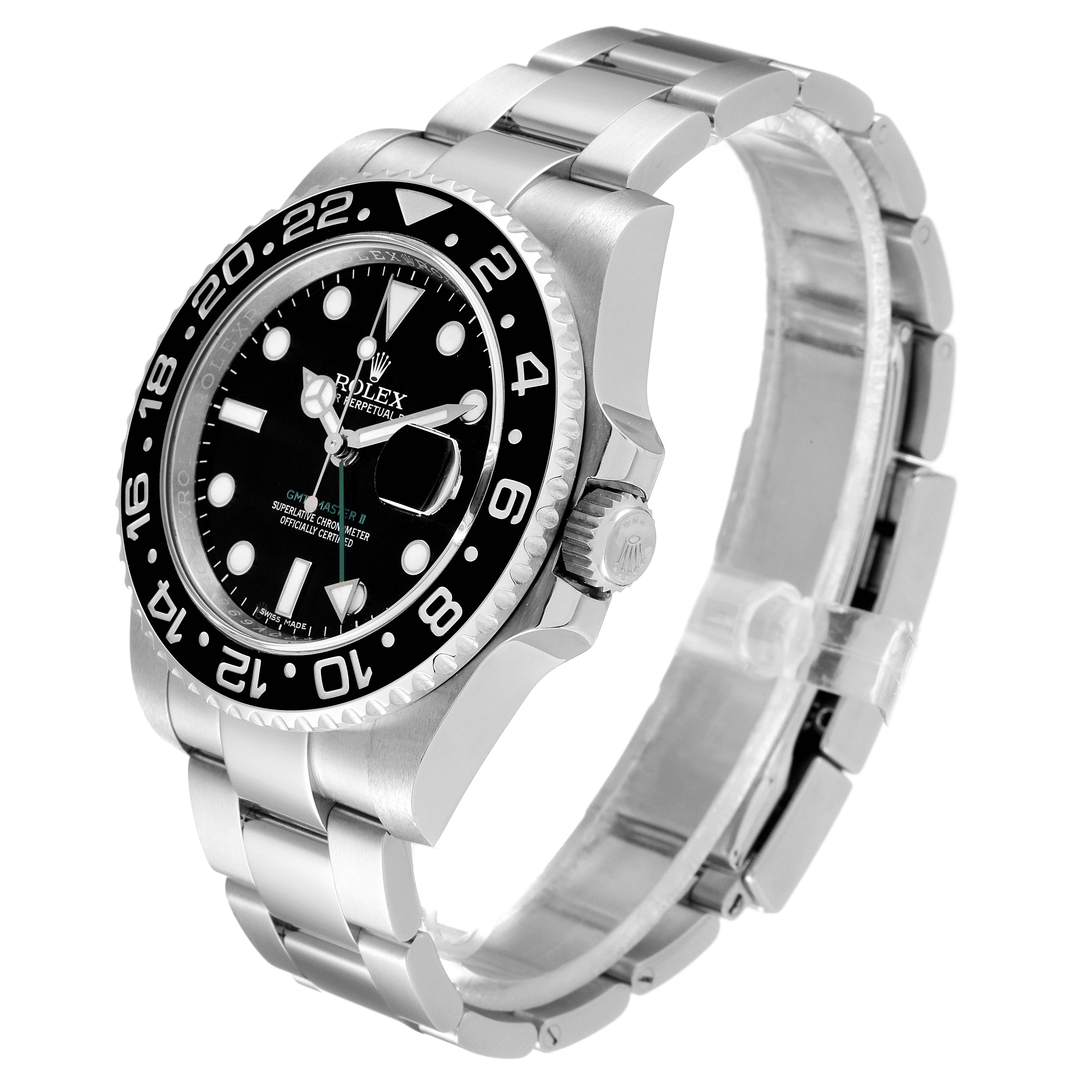 This image shows a Rolex GMT-Master 116710 Men
s Stainless Steel Black Dial 116710 Men
s Stainless Steel Black Dial watch at a three-quarter angle, highlighting the dial, bezel, crown, and bracelet.