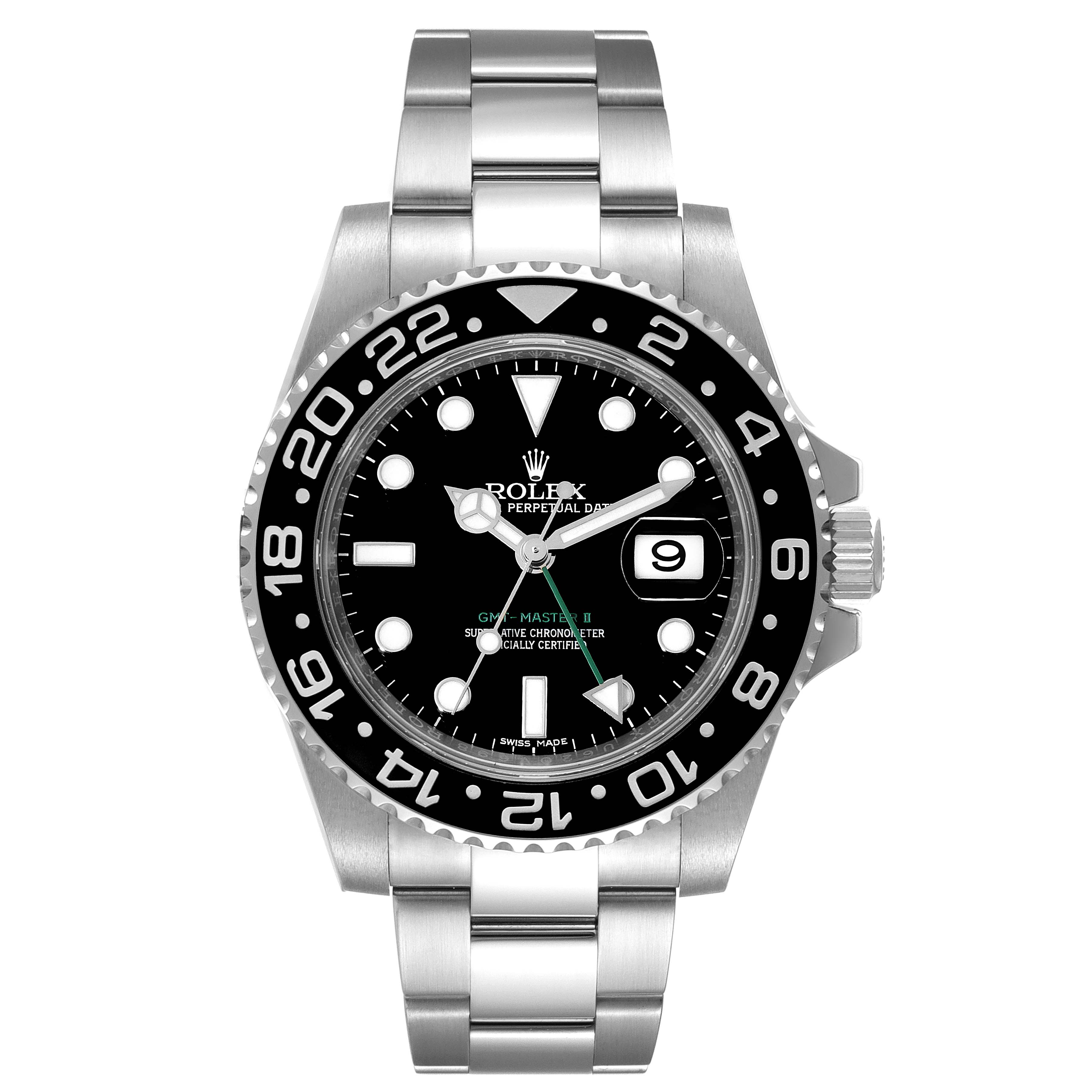 The image shows a front view of a Rolex GMT-Master 116710 Men
s Stainless Steel Black Dial 116710 Men
s Stainless Steel Black Dial II watch, highlighting its bezel, dial, and bracelet.