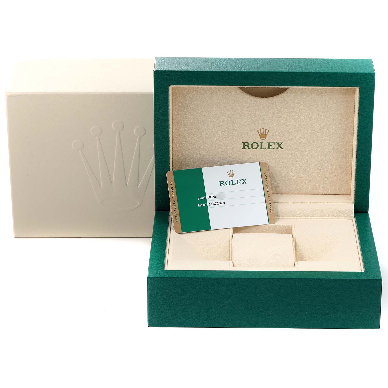 The image shows a Rolex GMT-Master 116710 Men
s Stainless Steel Black Dial 116710 Men
s Stainless Steel Black Dial watch box, warranty card, and outer packaging from a front angle.