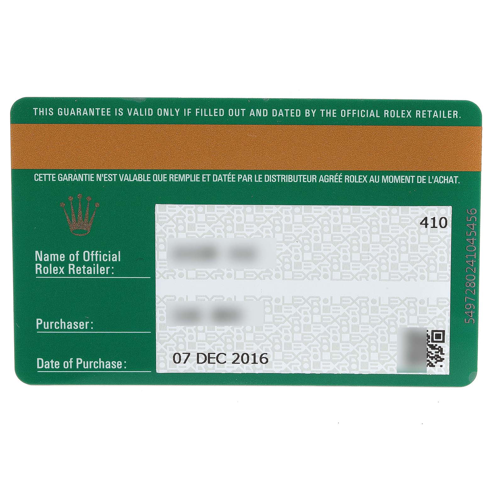 This image shows the guarantee card for a Rolex GMT-Master 116710 Men
s Stainless Steel Black Dial 116710 Men
s Stainless Steel Black Dial watch, including purchase details and retailer information.