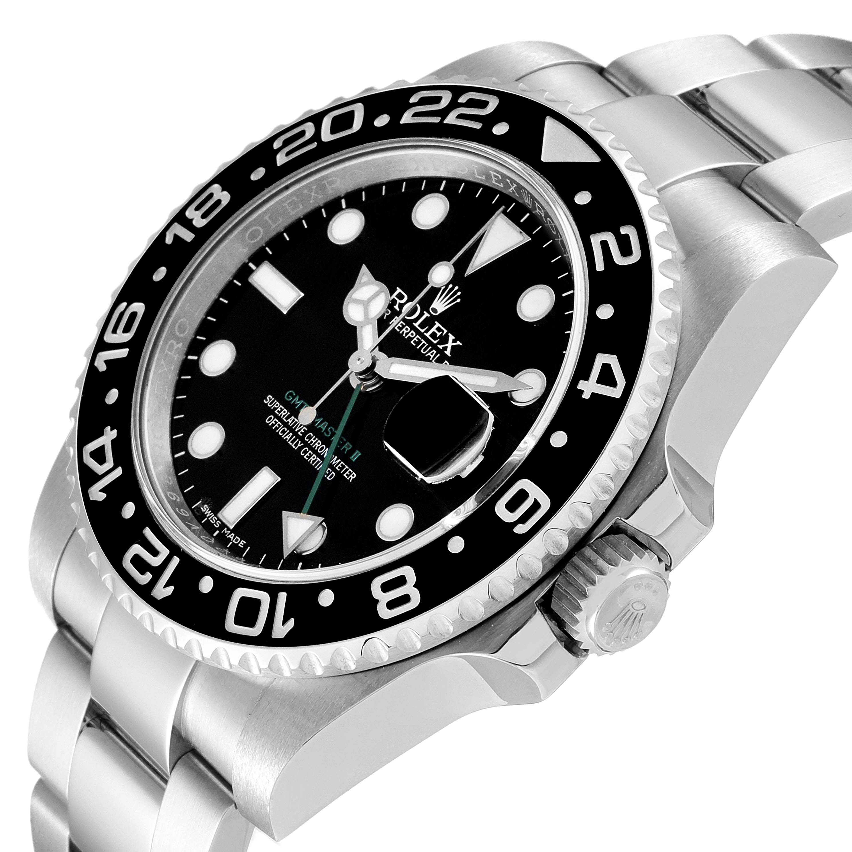 The image shows an angled view of a Rolex GMT-Master 116710 Men
s Stainless Steel Black Dial 116710 Men
s Stainless Steel Black Dial II watch, highlighting the bezel, dial, crown, and part of the bracelet.