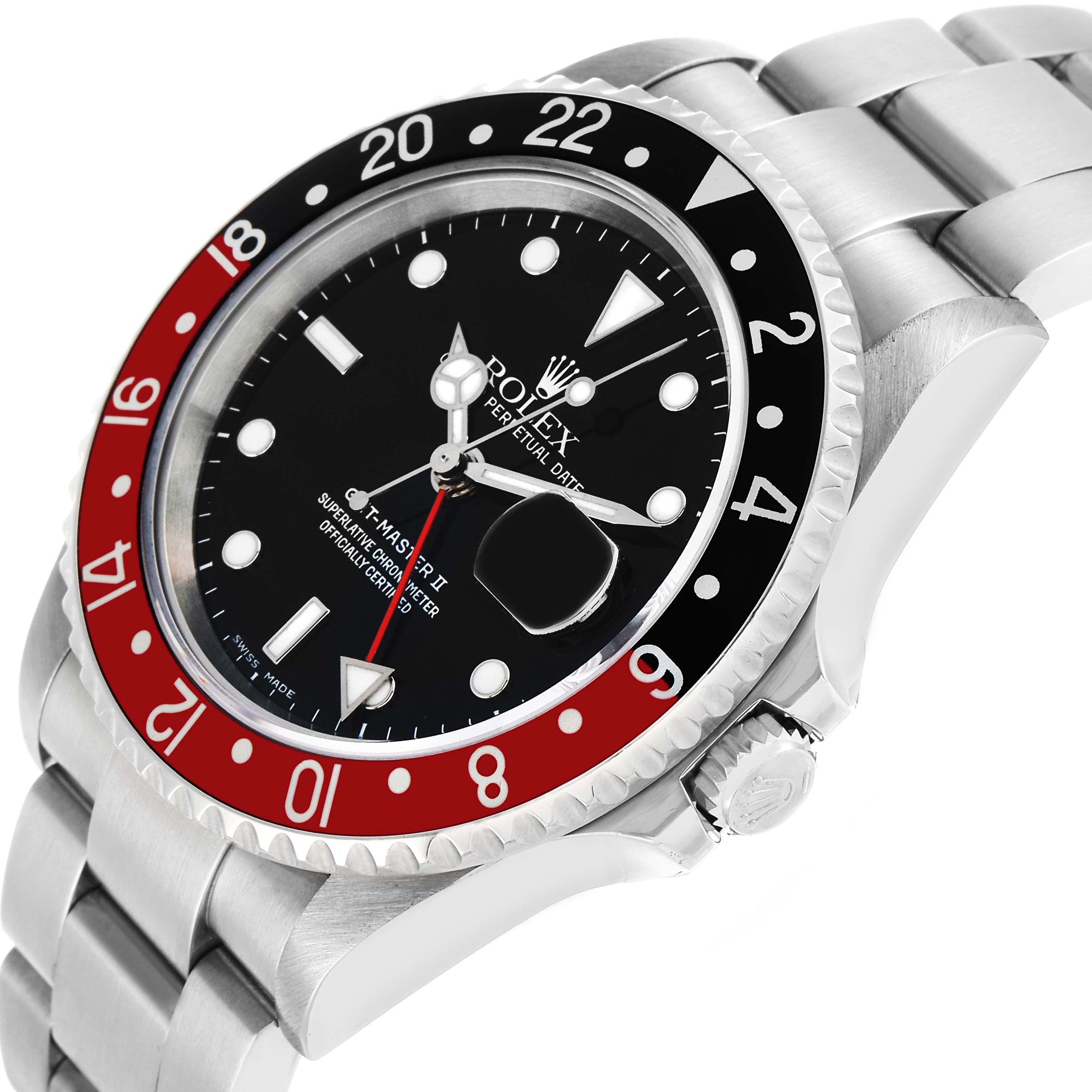The Rolex GMT-Master 16710 Men's Stainless Steel Black Dial watch is shown at a three-quarter angle, highlighting the bezel, dial, crown, and part of the bracelet.