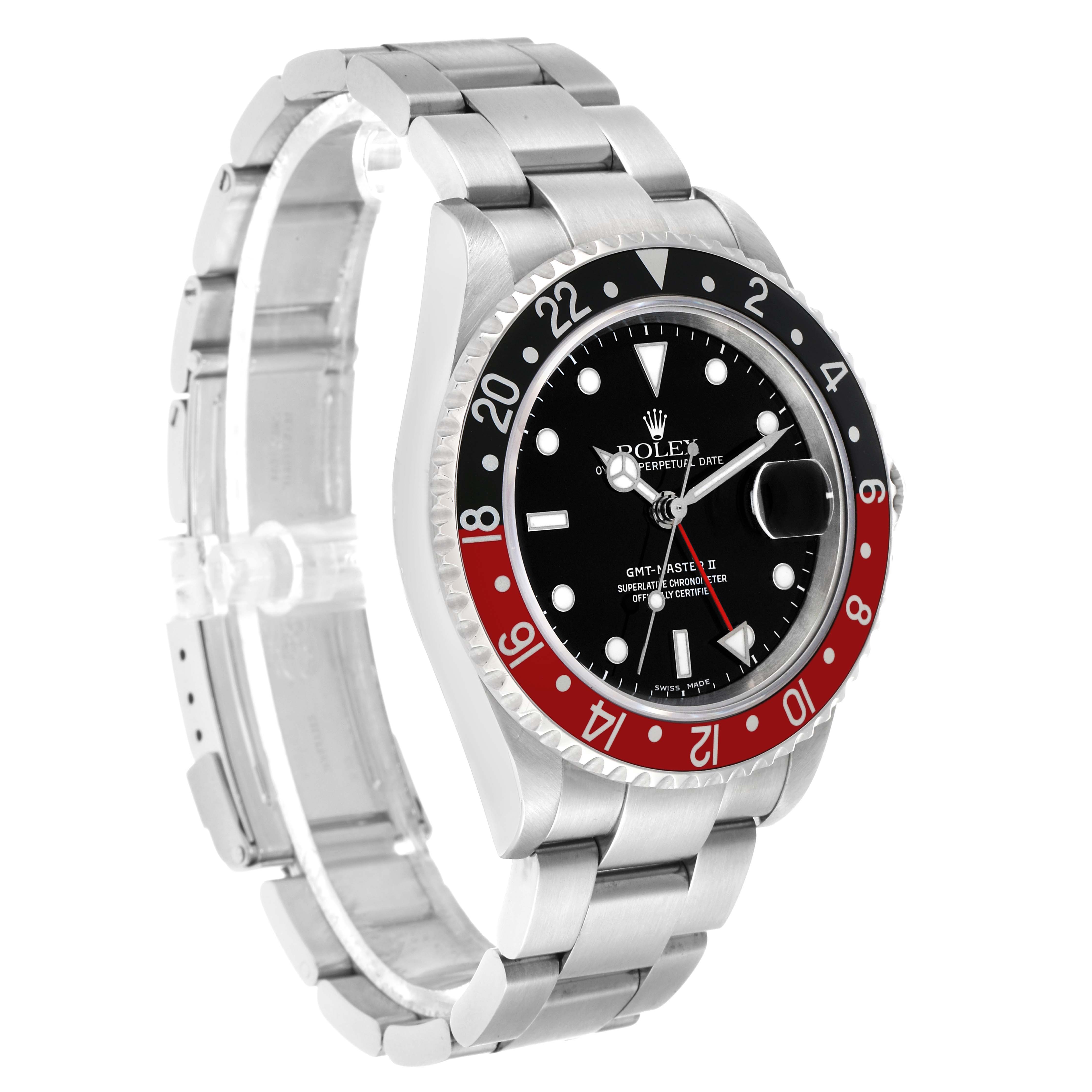 The Rolex GMT-Master 16710 Men's Stainless Steel Black Dial is shown at a three-quarter angle, displaying the dial, bezel, and bracelet.