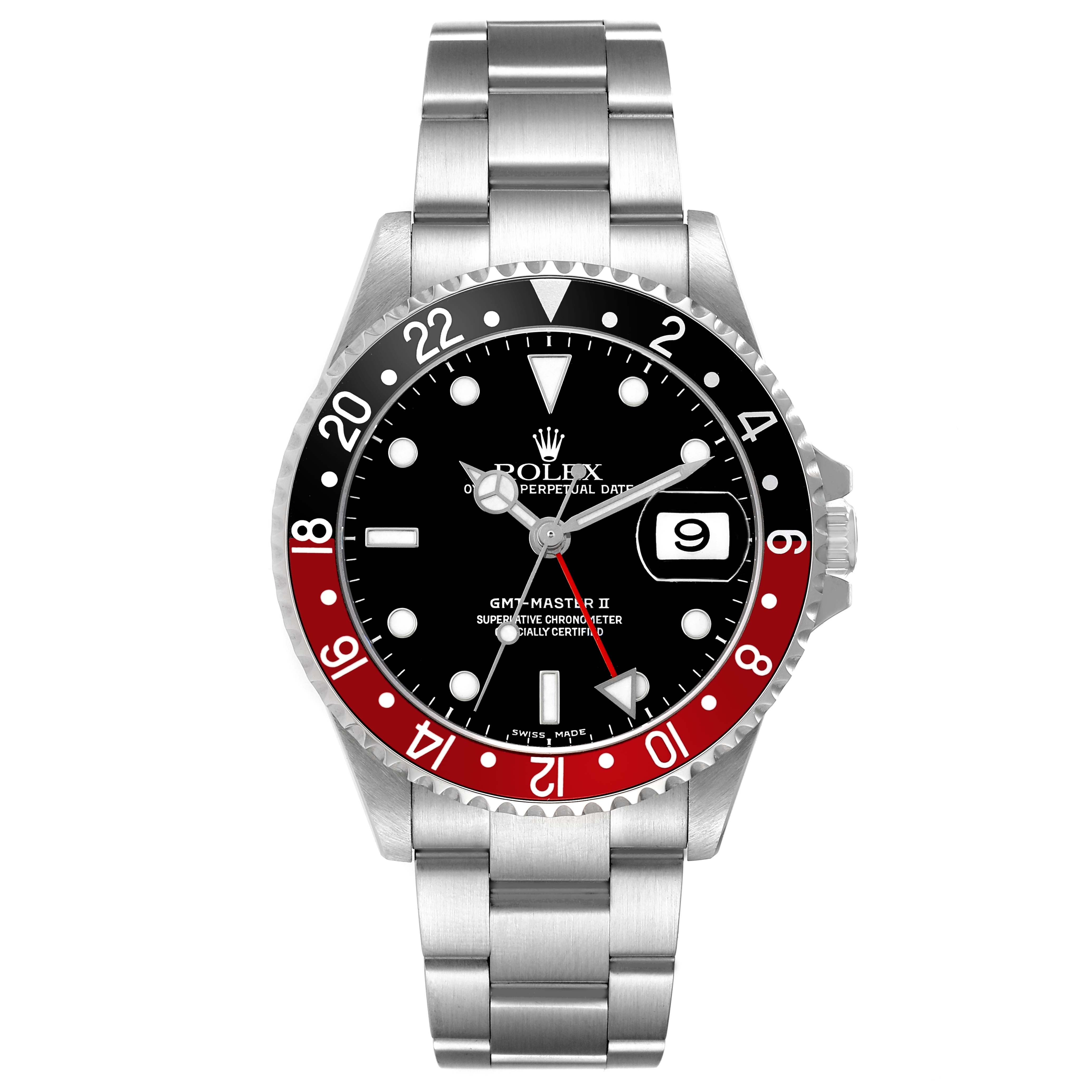 The Rolex GMT-Master 16710 Men's Stainless Steel Black Dial watch is shown from a front angle, highlighting the bezel, dial, and bracelet.