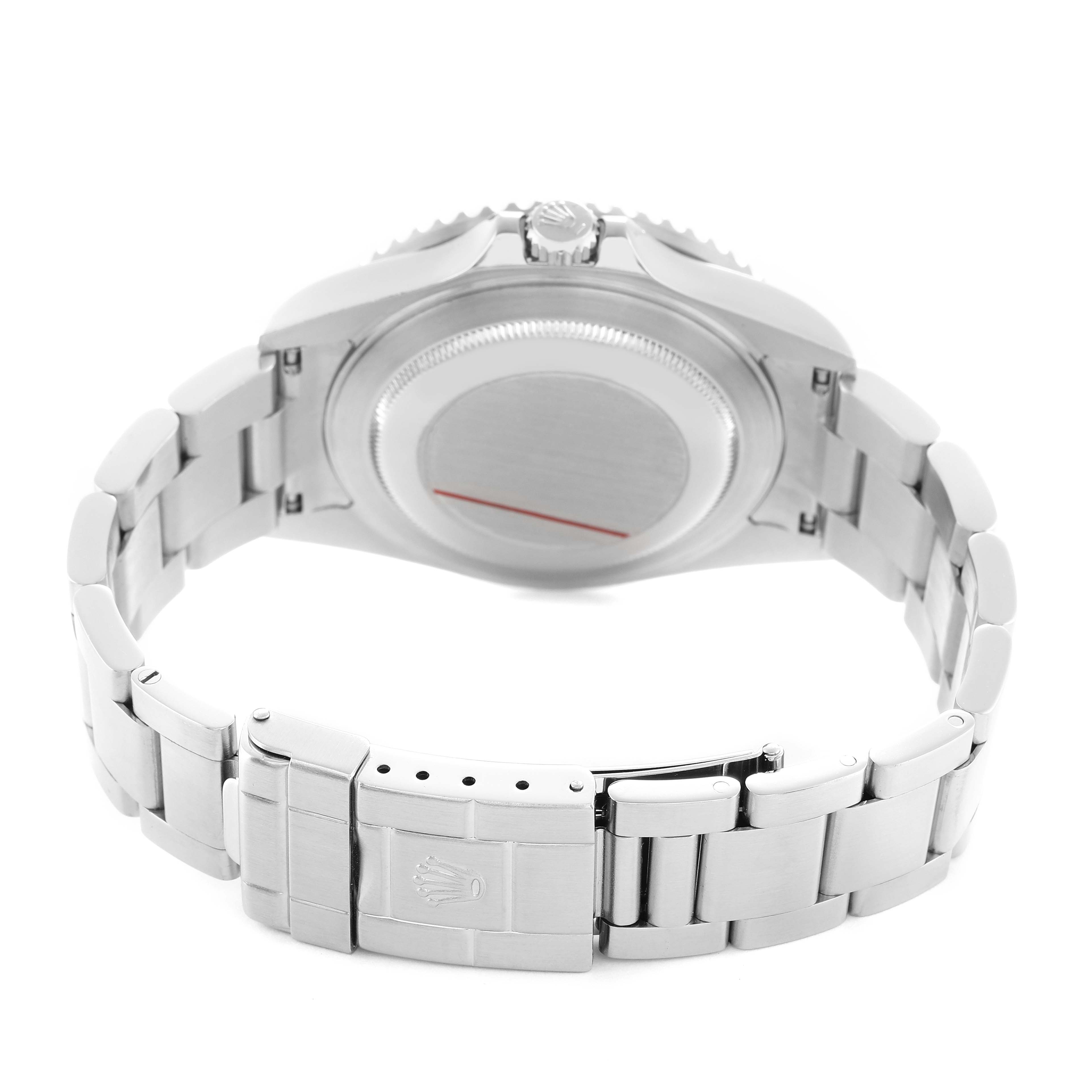 The image shows the back of a Rolex GMT-Master 16710 Men's Stainless Steel Black Dial watch, highlighting the case back and bracelet clasp.