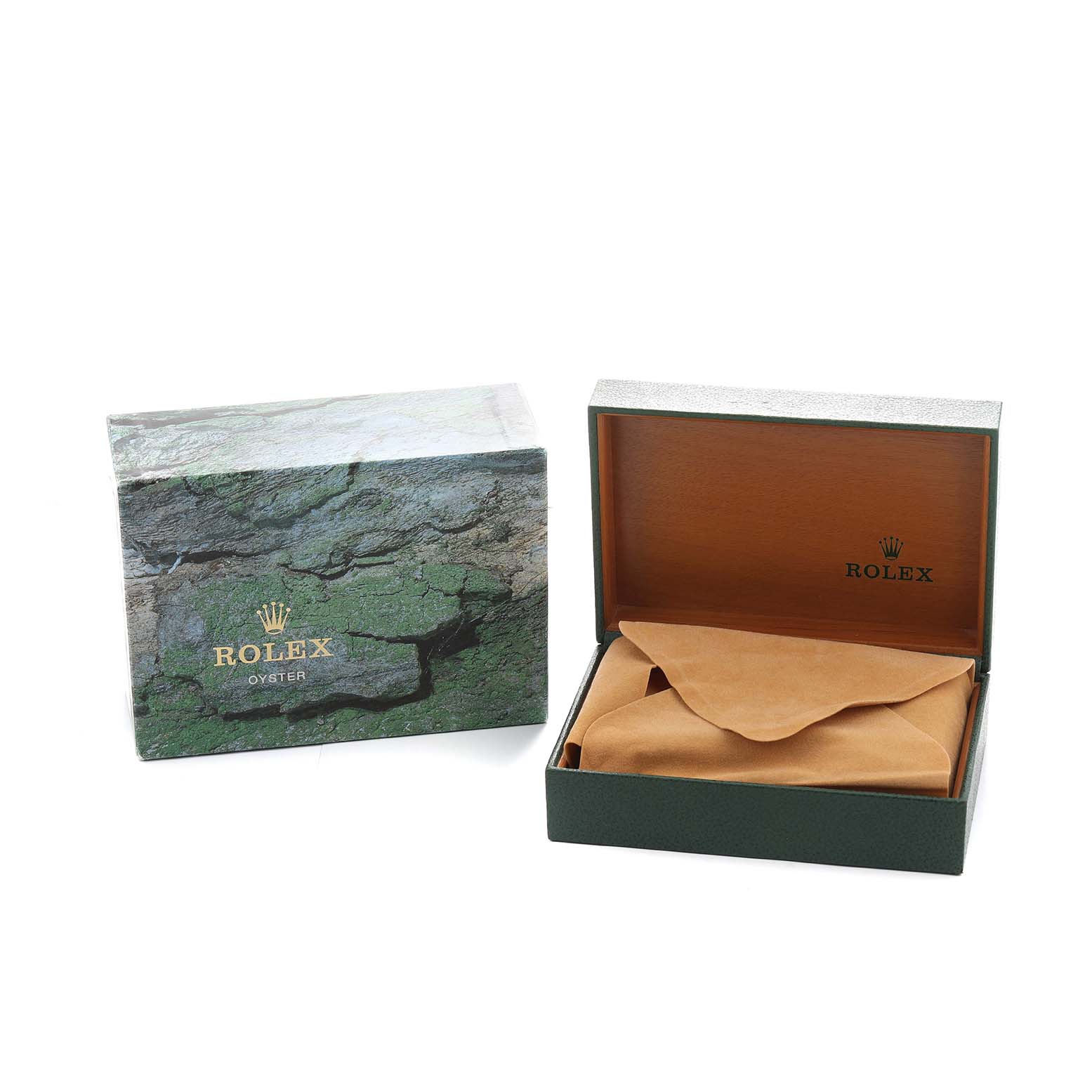 The image shows the packaging for a Rolex GMT-Master 16710 Men's Stainless Steel Black Dial, featuring an open box with a brown pouch and an outer green textured box.