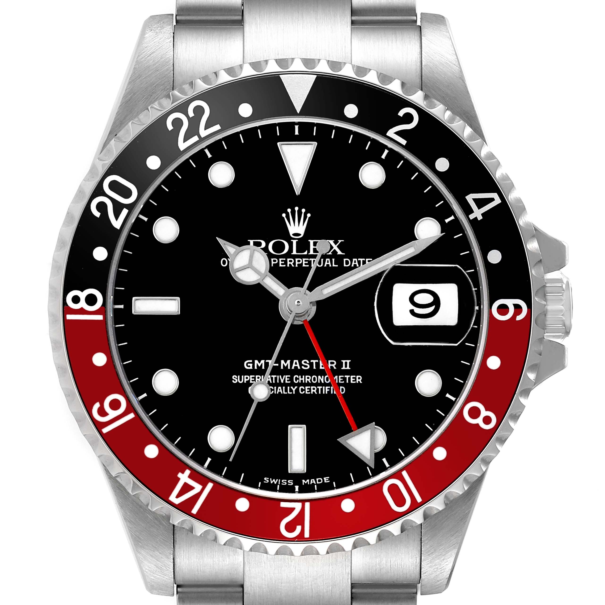 The image shows a front view of a Rolex GMT-Master 16710 Men's Stainless Steel Black Dial II watch, highlighting the bezel, dial, and bracelet.
