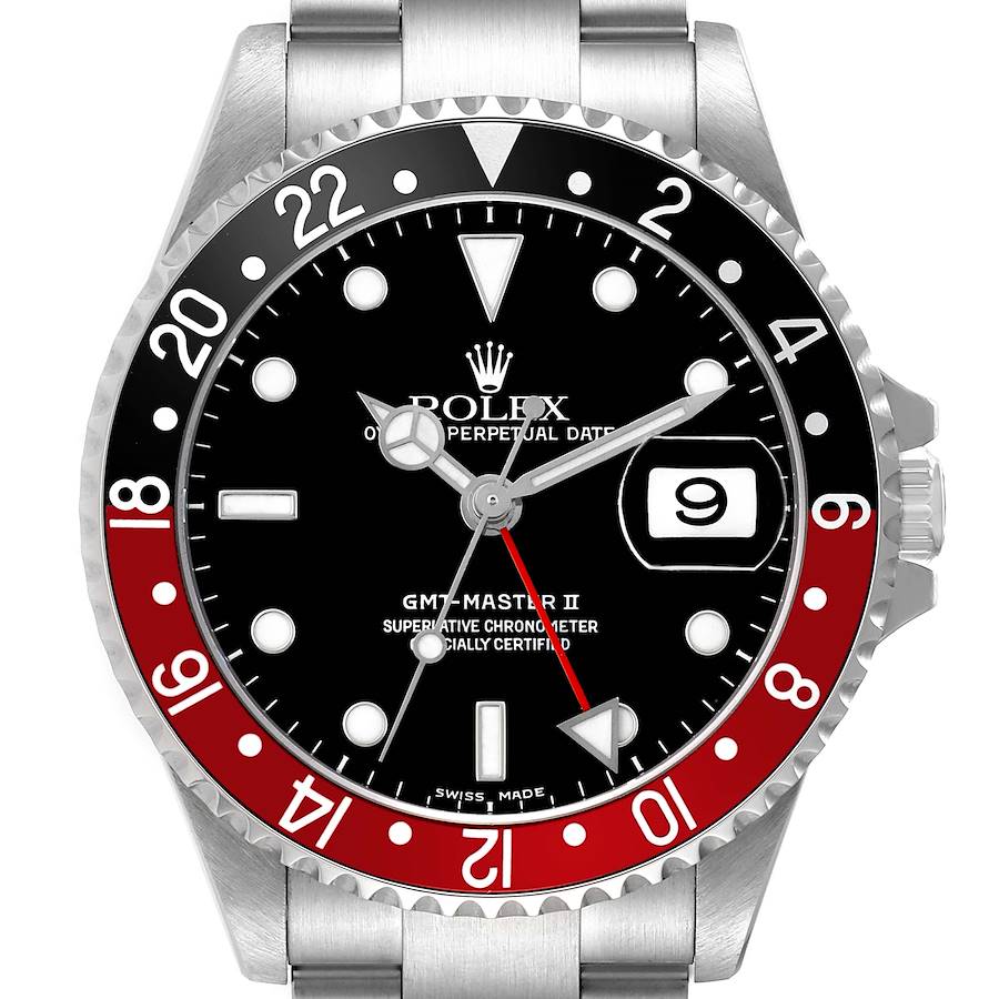 The image shows a front view of a Rolex GMT-Master 16710 Men's Stainless Steel Black Dial II watch, highlighting the bezel, dial, and bracelet.