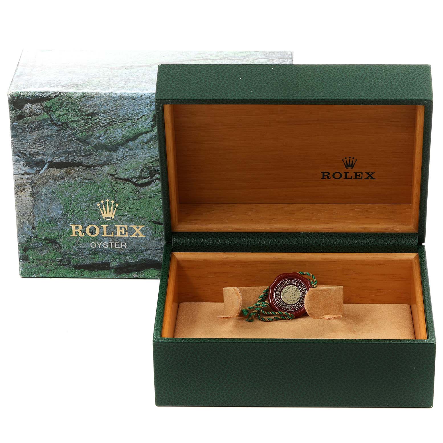 The image shows an empty Rolex GMT-Master 16713 Men's Steel and Gold (two tone) Black Dial 16713 Men's Steel and Gold (two tone) Black Dial watch box at an angle that displays both the outer packaging and the inner wooden case with a tag inside.