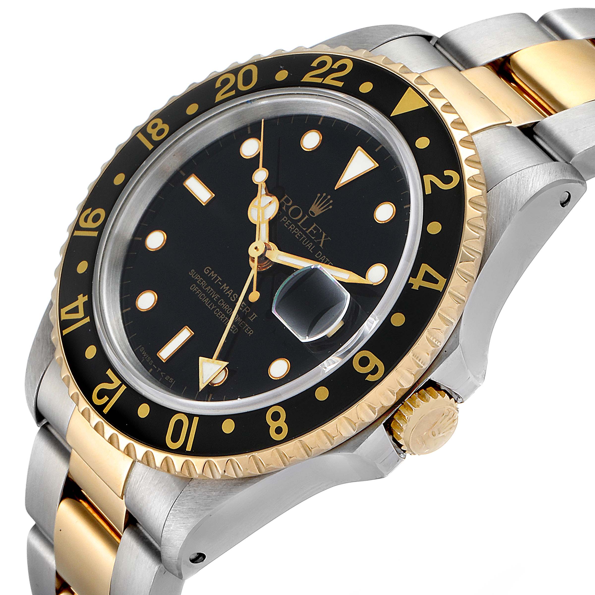 The image shows a Rolex GMT-Master 16713 Men's Steel and Gold (two tone) Black Dial 16713 Men's Steel and Gold (two tone) Black Dial watch at a slight angle, highlighting the black dial, bezel, case, and gold accent links.