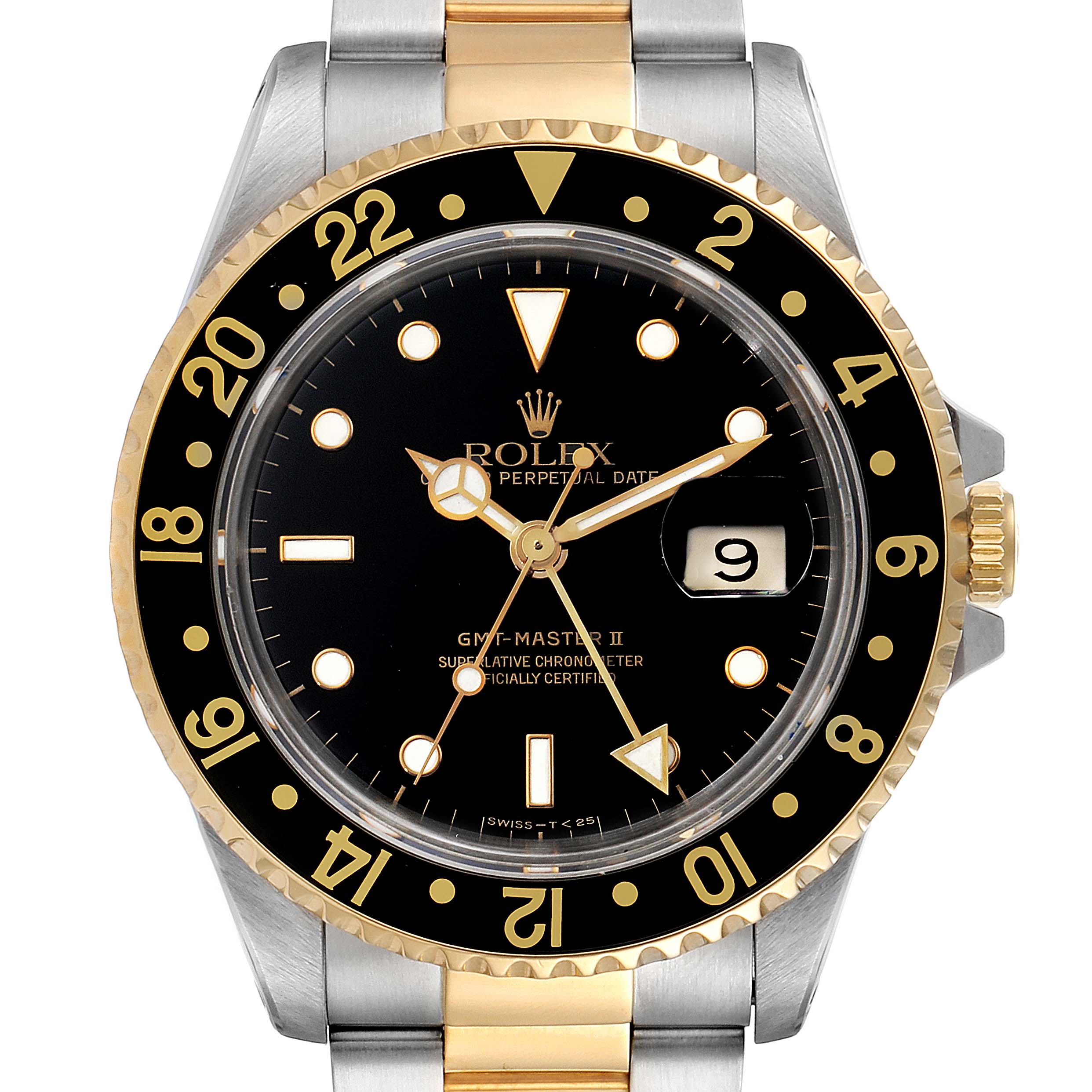 The image shows a front view of the Rolex GMT-Master 16713 Men's Steel and Gold (two tone) Black Dial 16713 Men's Steel and Gold (two tone) Black Dial II watch, displaying the dial, bezel, and part of the bracelet.