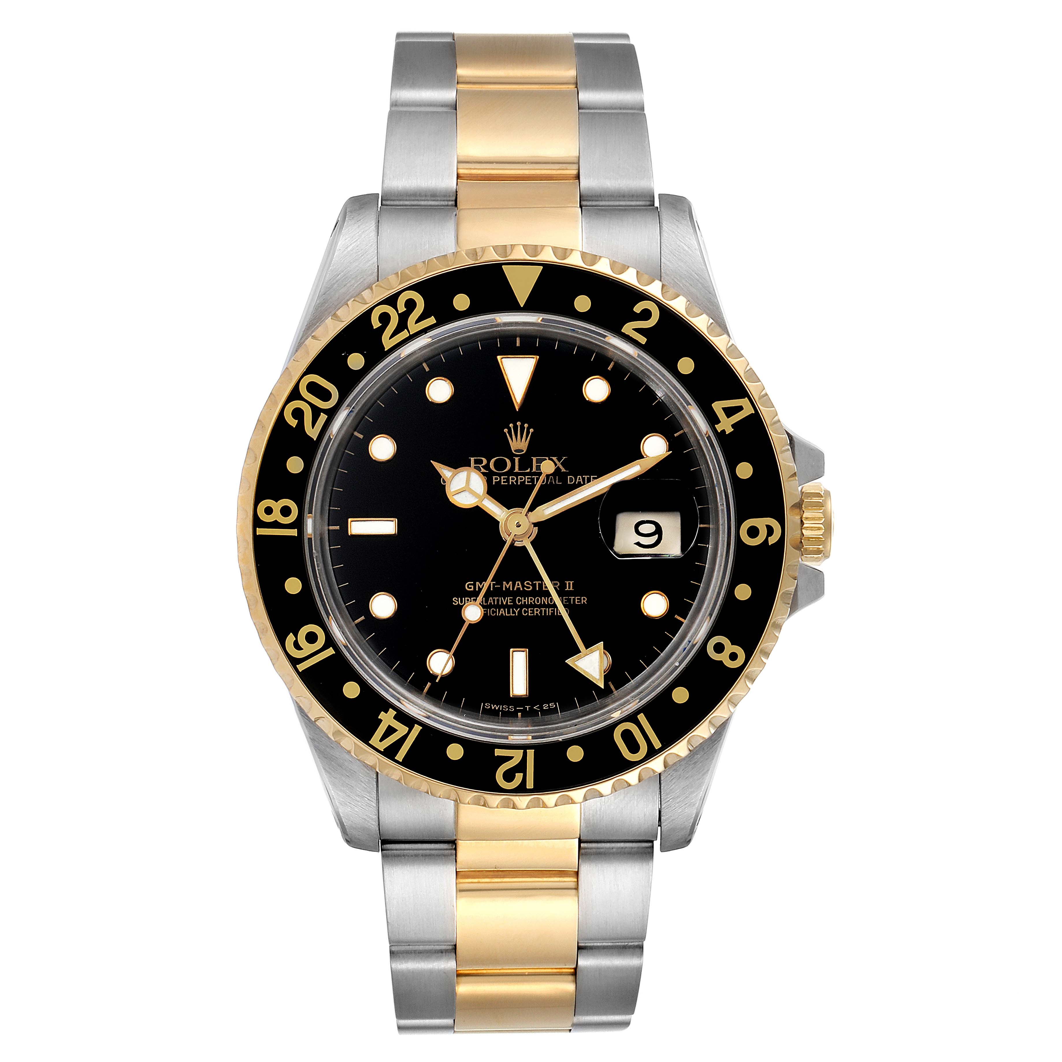 This image shows a front view of a Rolex GMT-Master 16713 Men's Steel and Gold (two tone) Black Dial 16713 Men's Steel and Gold (two tone) Black Dial with a two-tone bracelet and a black and gold bezel.