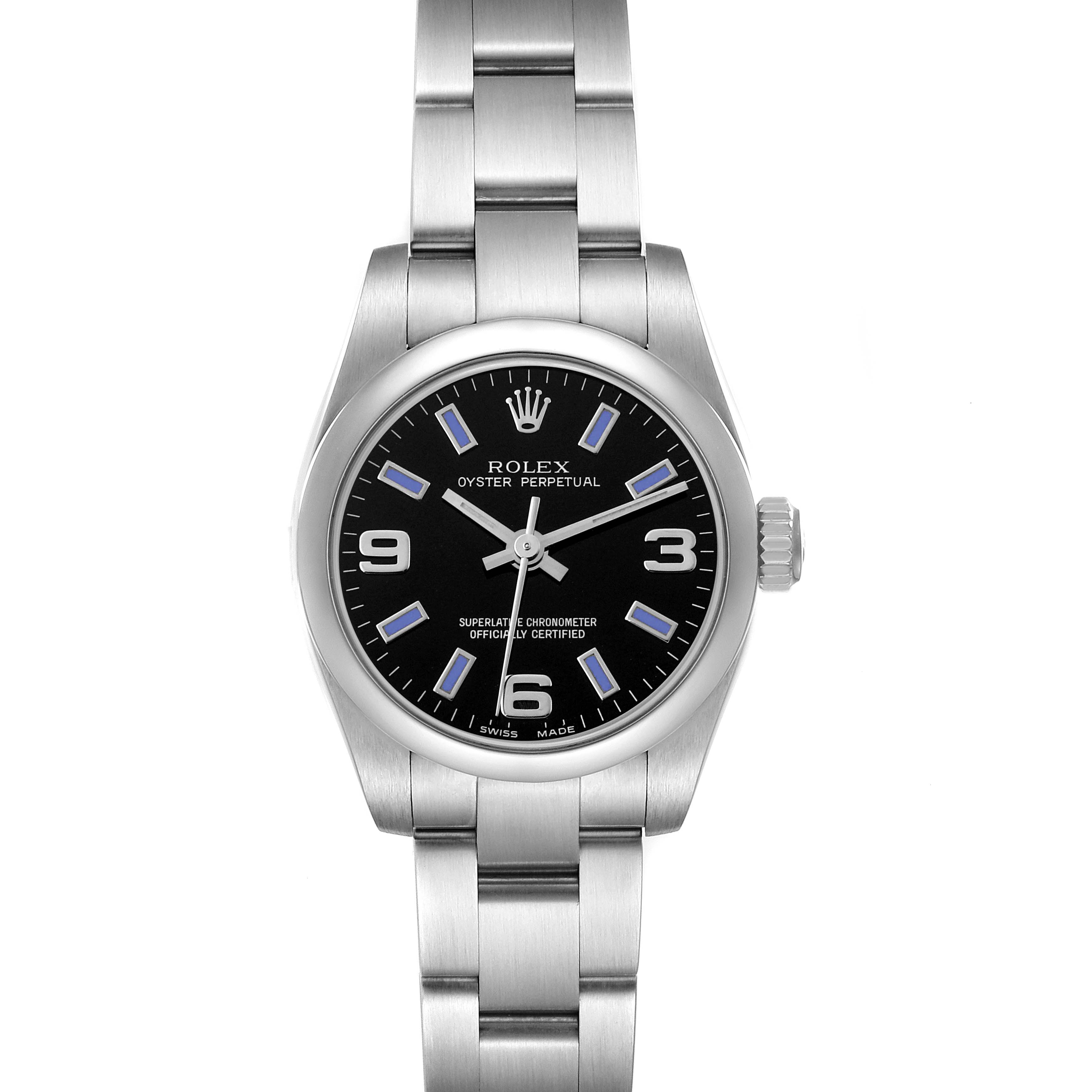 The Rolex Oyster Perpetual 176200 Women's Stainless Steel Black Dial 176200 Women's Stainless Steel Black Dial watch is shown from a top-down angle, displaying the entire face and bracelet.