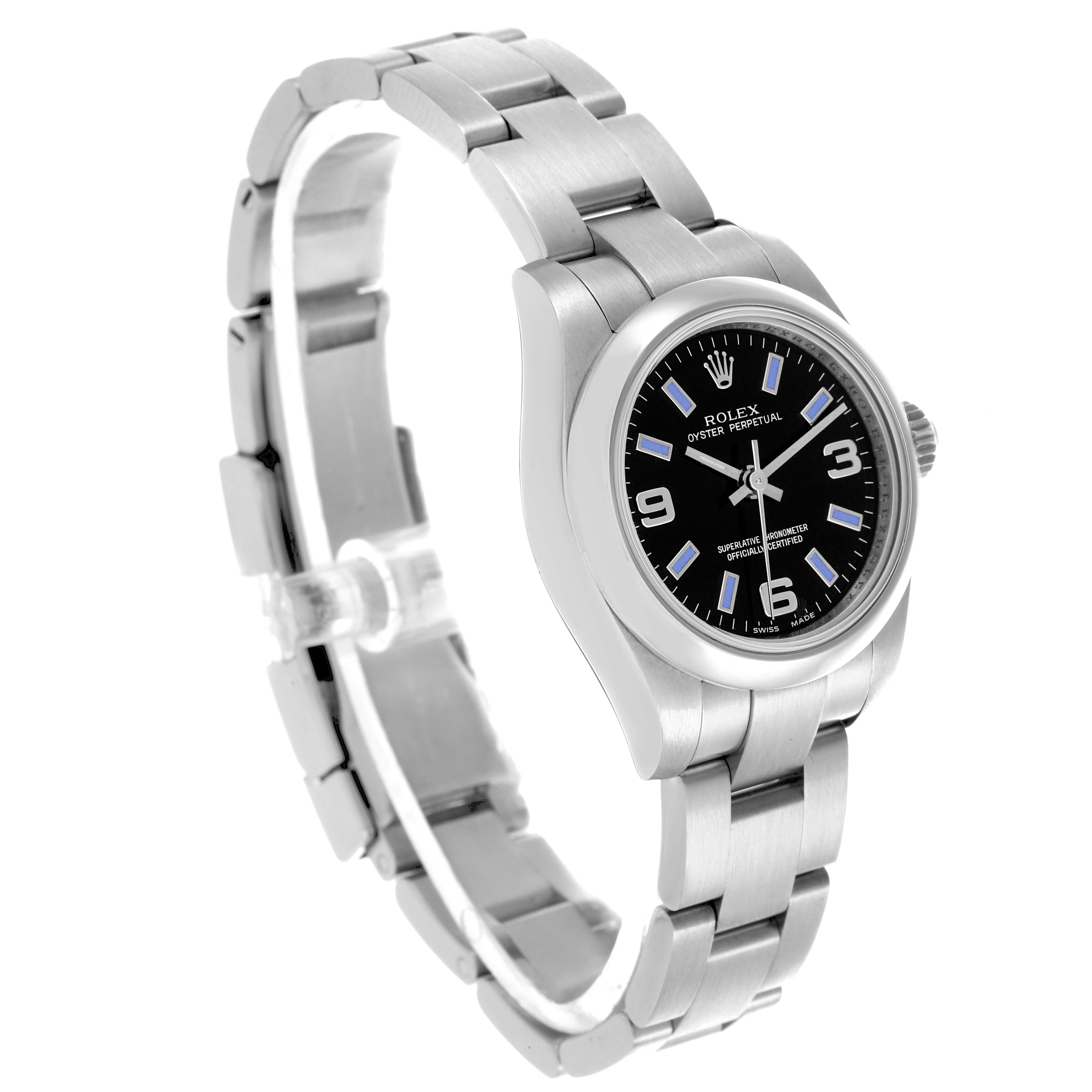 The Rolex Oyster Perpetual 176200 Women's Stainless Steel Black Dial 176200 Women's Stainless Steel Black Dial watch is shown at a three-quarter angle, highlighting the dial, bezel, and bracelet.