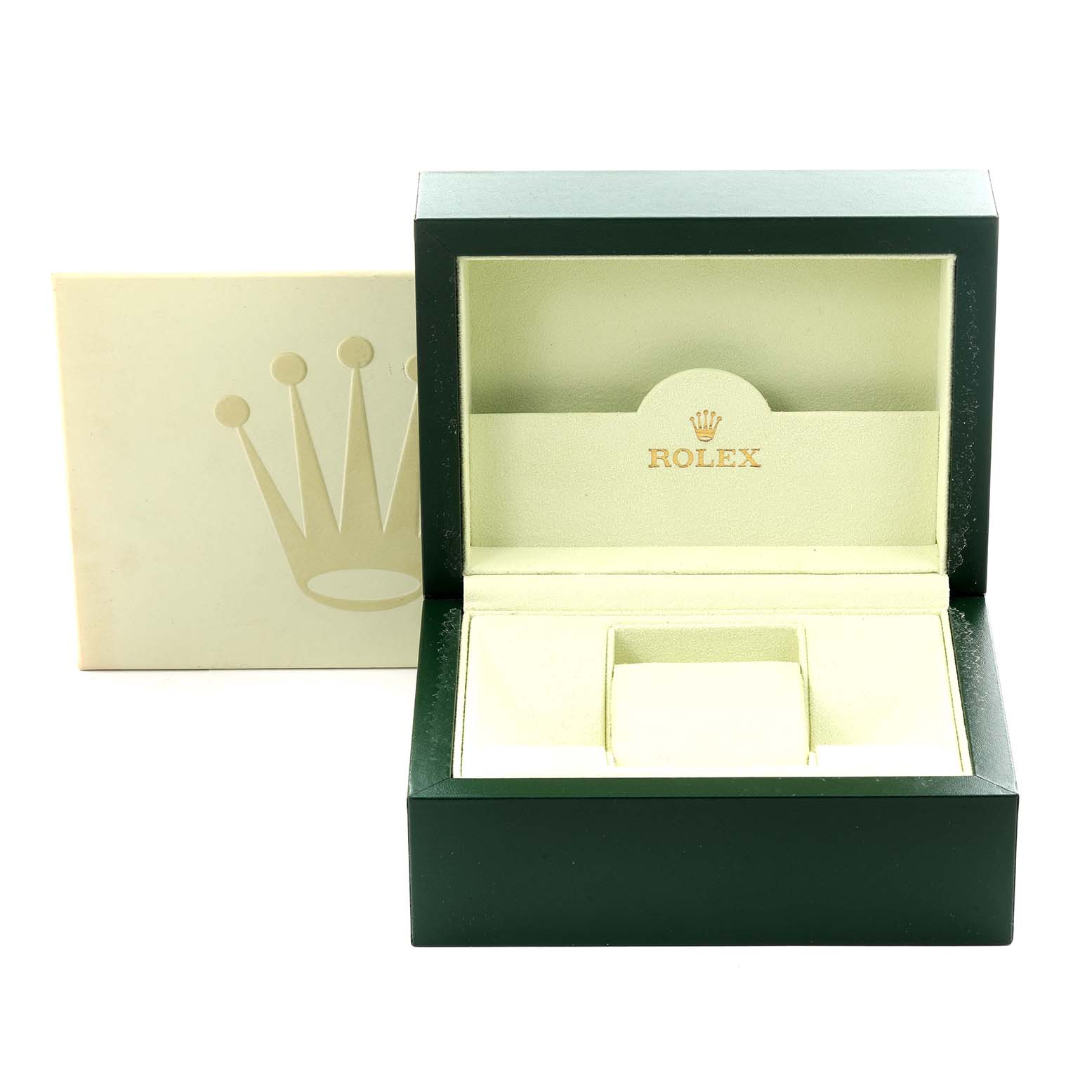 The image shows an open Rolex Oyster Perpetual 176200 Women's Stainless Steel Black Dial 176200 Women's Stainless Steel Black Dial watch box from the front, including the inner cushion and outer box.