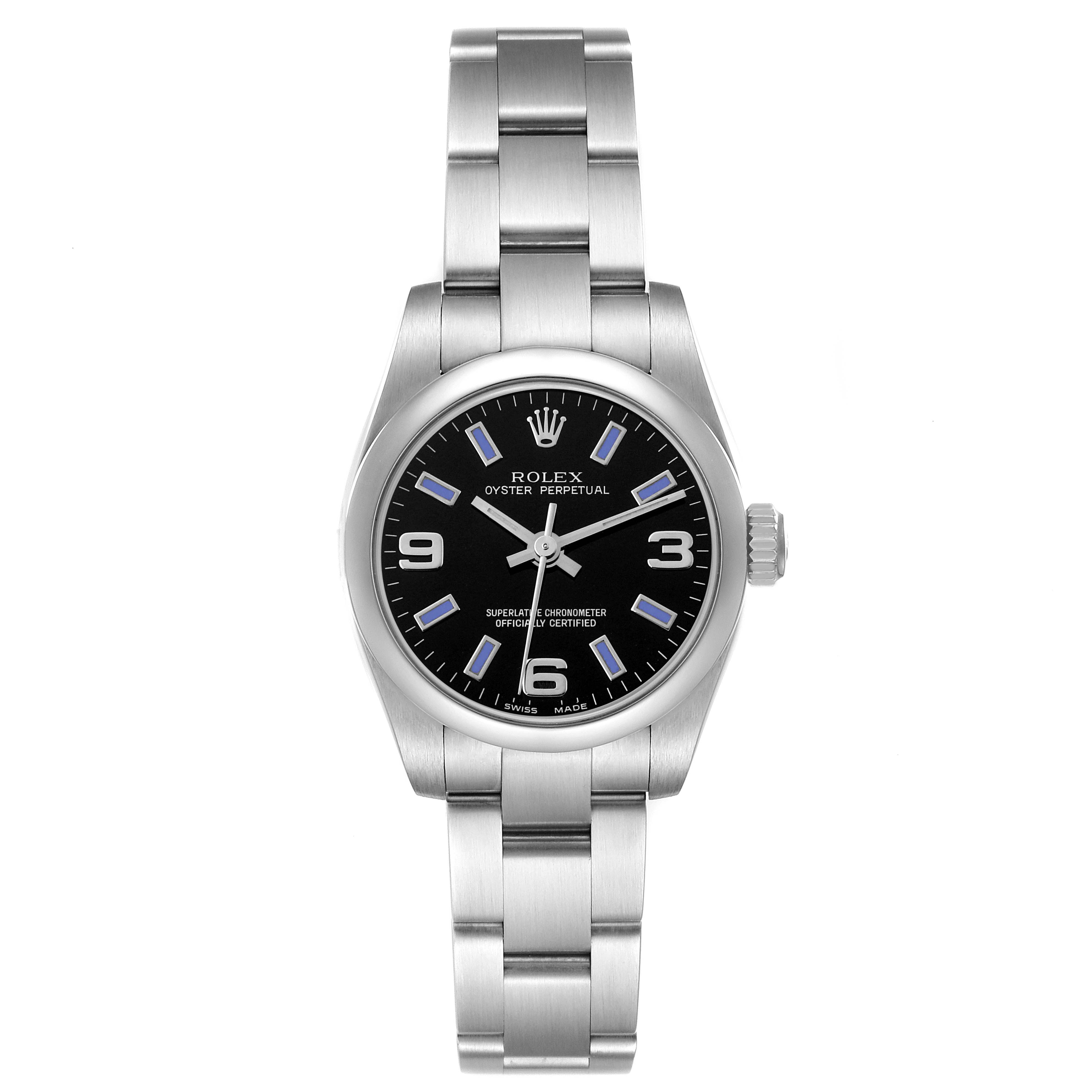 The Rolex Oyster Perpetual 176200 Women's Stainless Steel Black Dial 176200 Women's Stainless Steel Black Dial watch is shown from a top view, displaying the dial, bezel, and stainless steel bracelet.