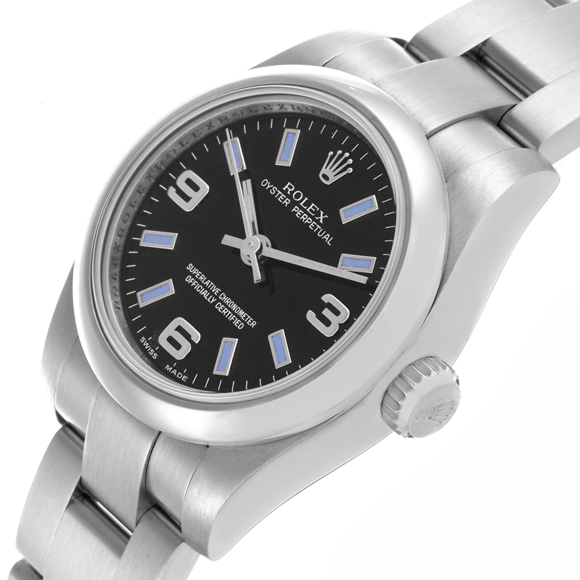 The Rolex Oyster Perpetual 176200 Women's Stainless Steel Black Dial 176200 Women's Stainless Steel Black Dial watch is shown at a three-quarter angle, highlighting the dial, bezel, crown, and bracelet.