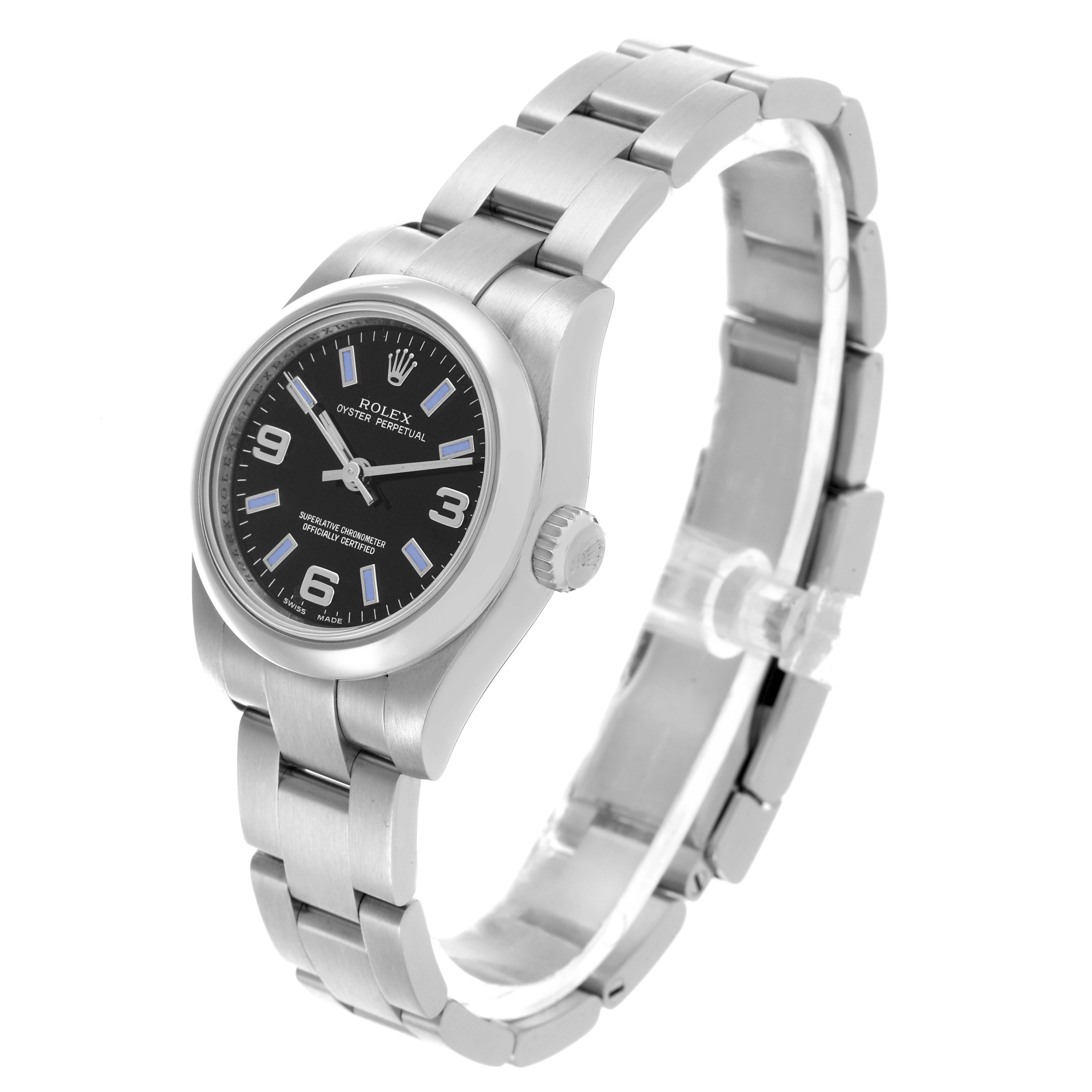 The Rolex Oyster Perpetual 176200 Women's Stainless Steel Black Dial 176200 Women's Stainless Steel Black Dial watch is shown from a partial side view, displaying the case, bracelet, and crown.