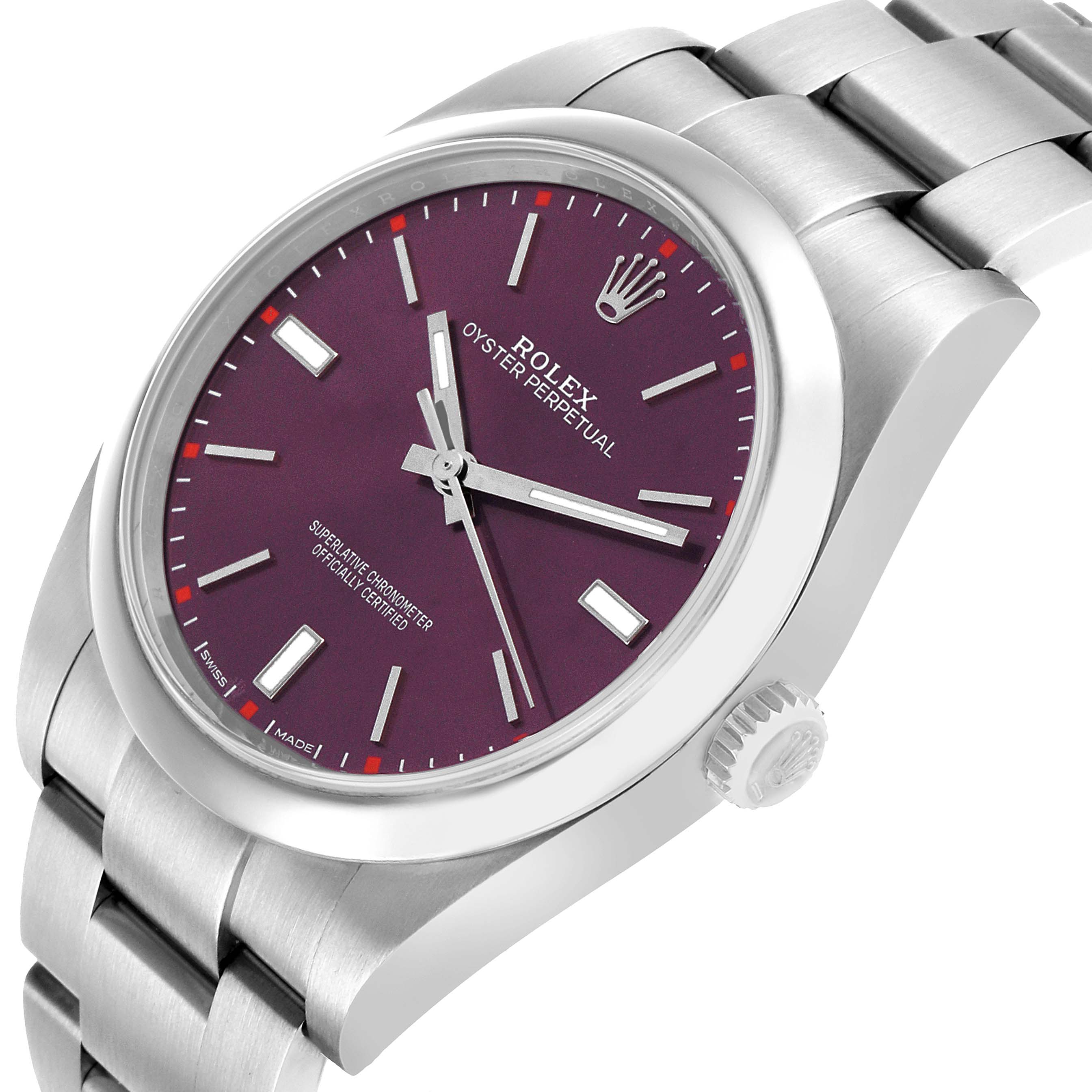 The Rolex Oyster Perpetual 114300 Men's Stainless Steel Purple Dial watch is shown at an angle highlighting the dial, crown, and steel bracelet.