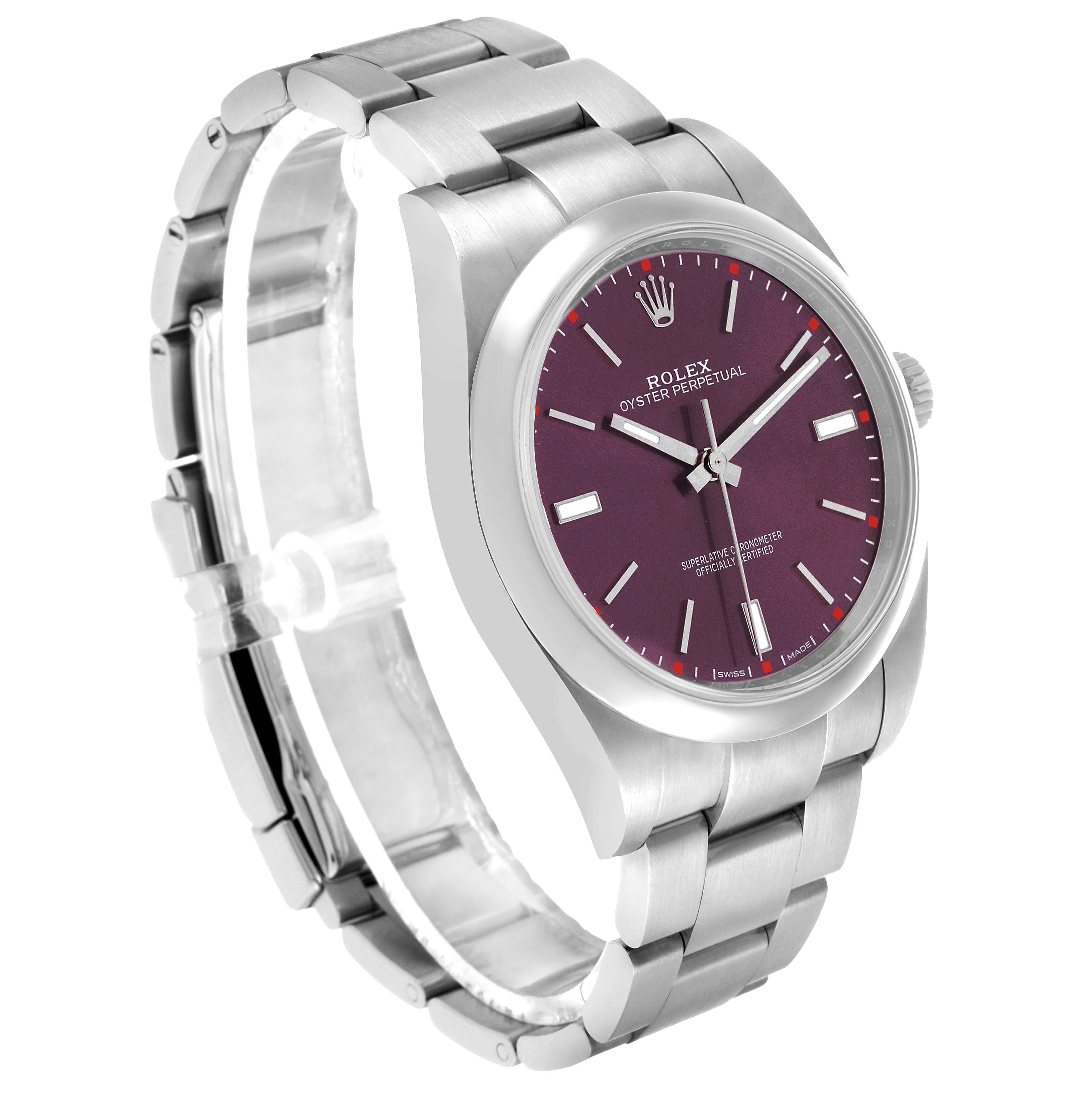 The Rolex Oyster Perpetual 114300 Men's Stainless Steel Purple Dial watch is shown at a three-quarter angle, displaying its bracelet, case, and purple dial.