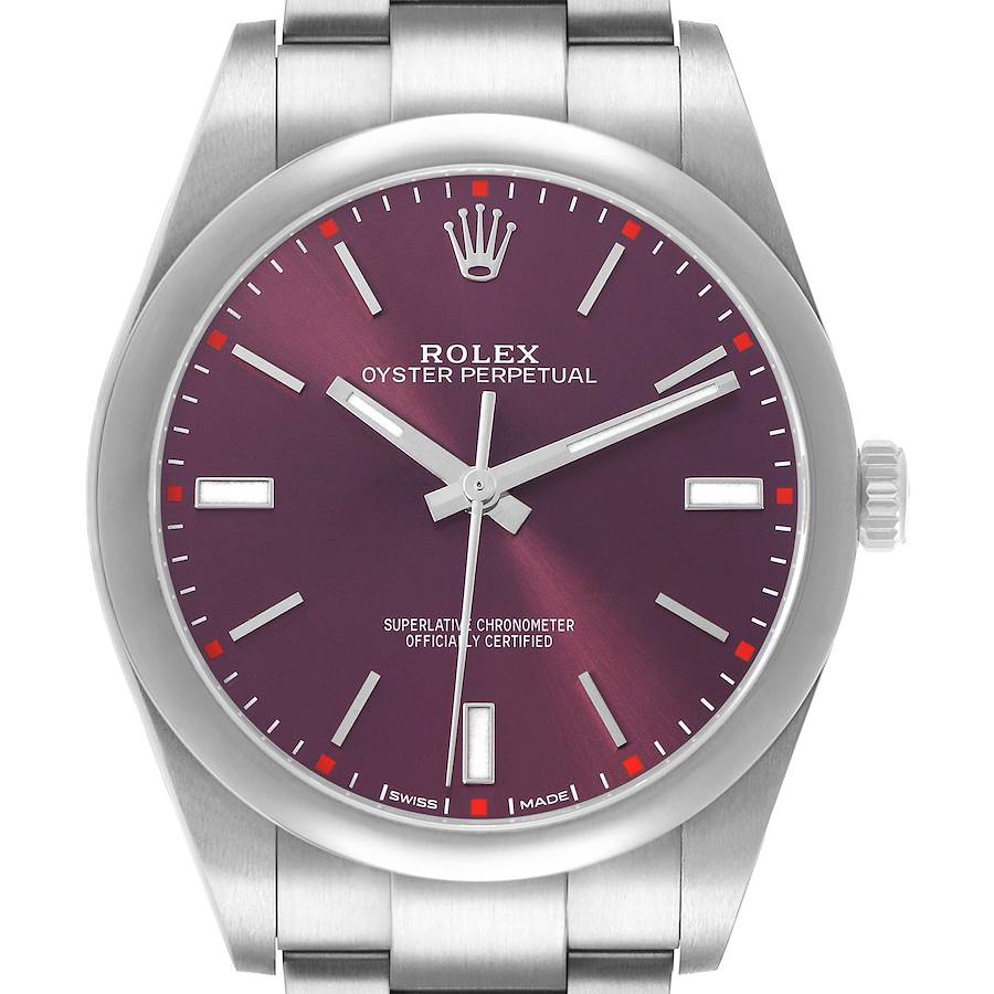 The Rolex Oyster Perpetual 114300 Men's Stainless Steel Purple Dial is shown from the front, displaying the dial, hands, crown, and part of the bracelet.