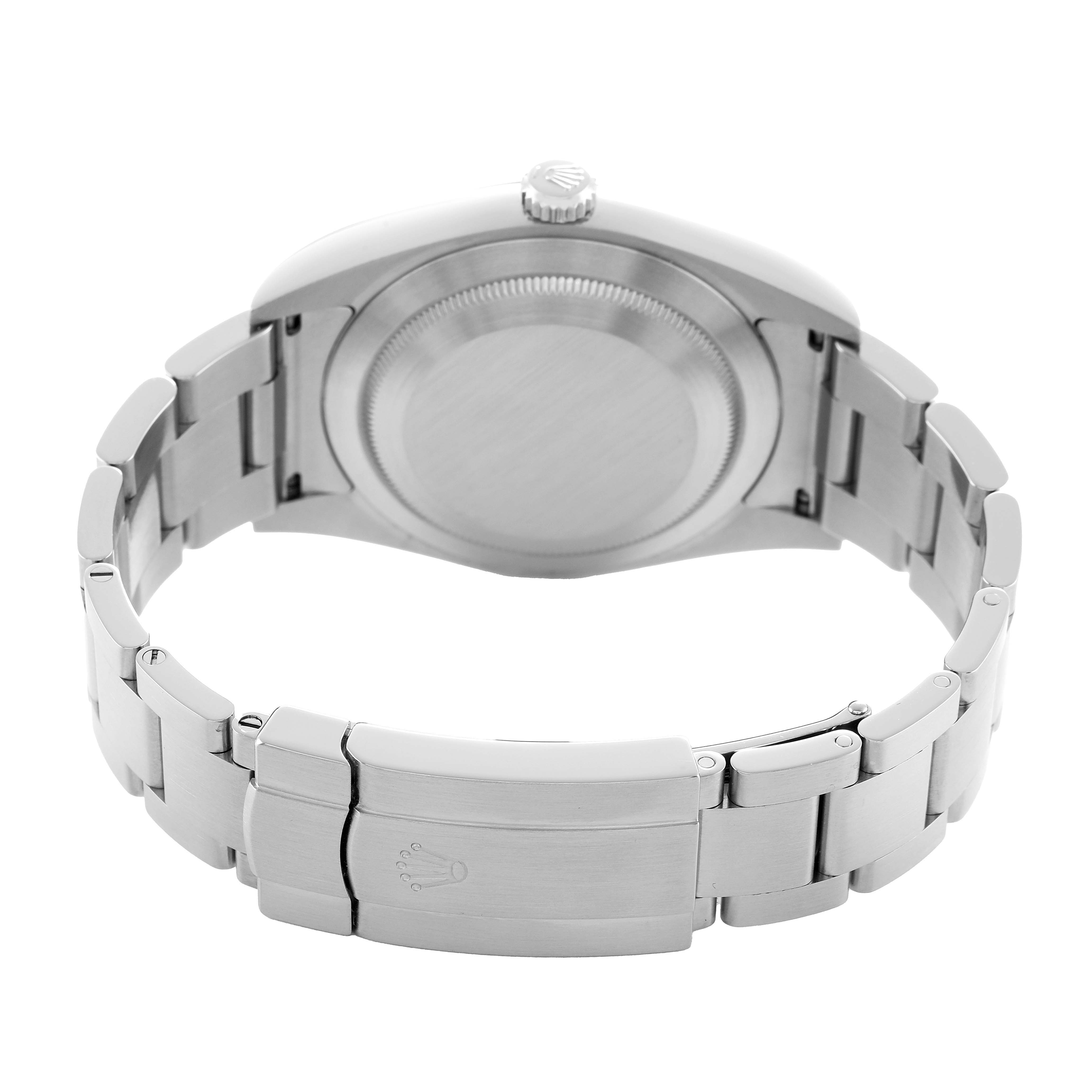 The image shows the back view of a Rolex Oyster Perpetual 114300 Men's Stainless Steel Purple Dial, highlighting the case back, bracelet, and clasp.