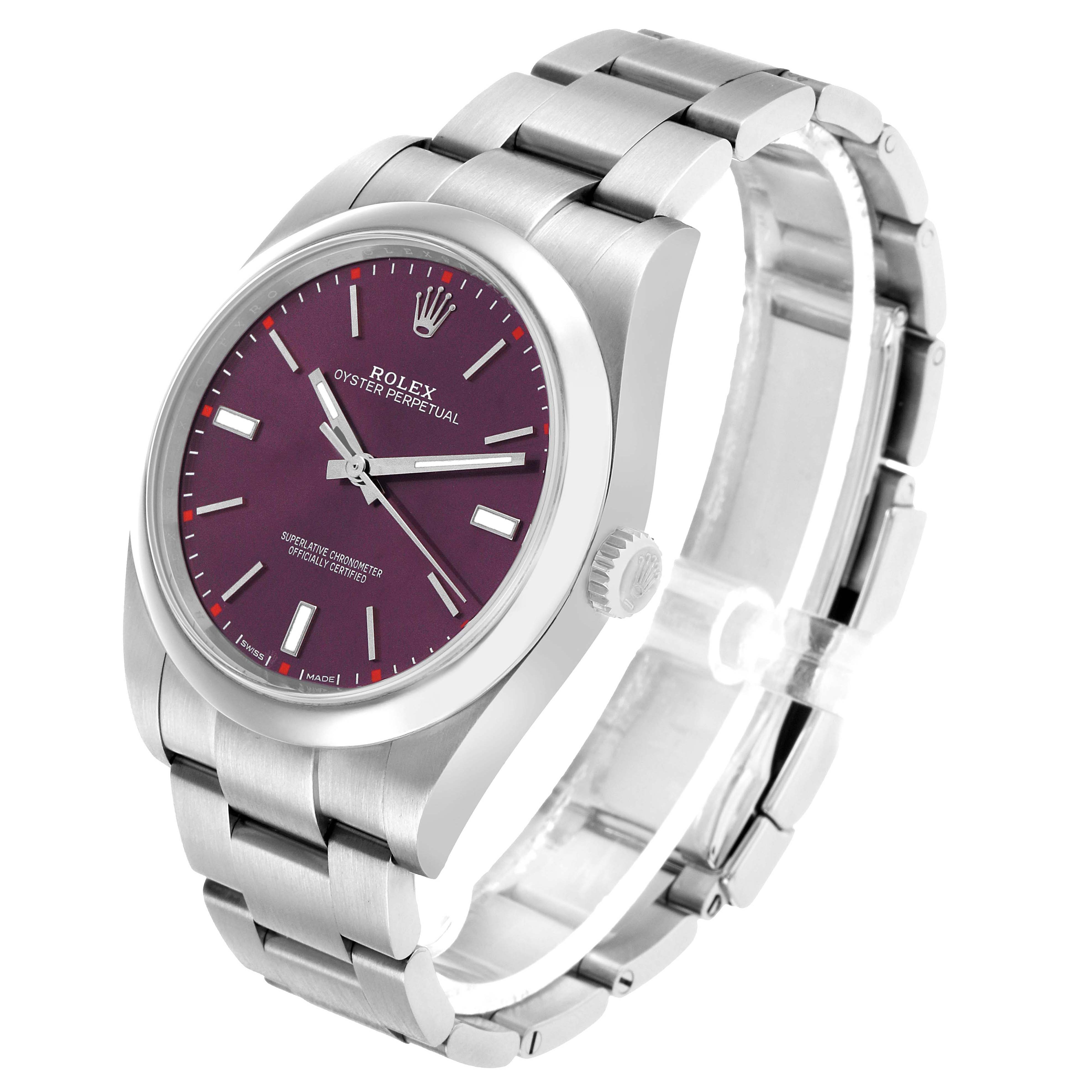 The Rolex Oyster Perpetual 114300 Men's Stainless Steel Purple Dial watch is shown at an angled side view, highlighting the face, crown, and bracelet.