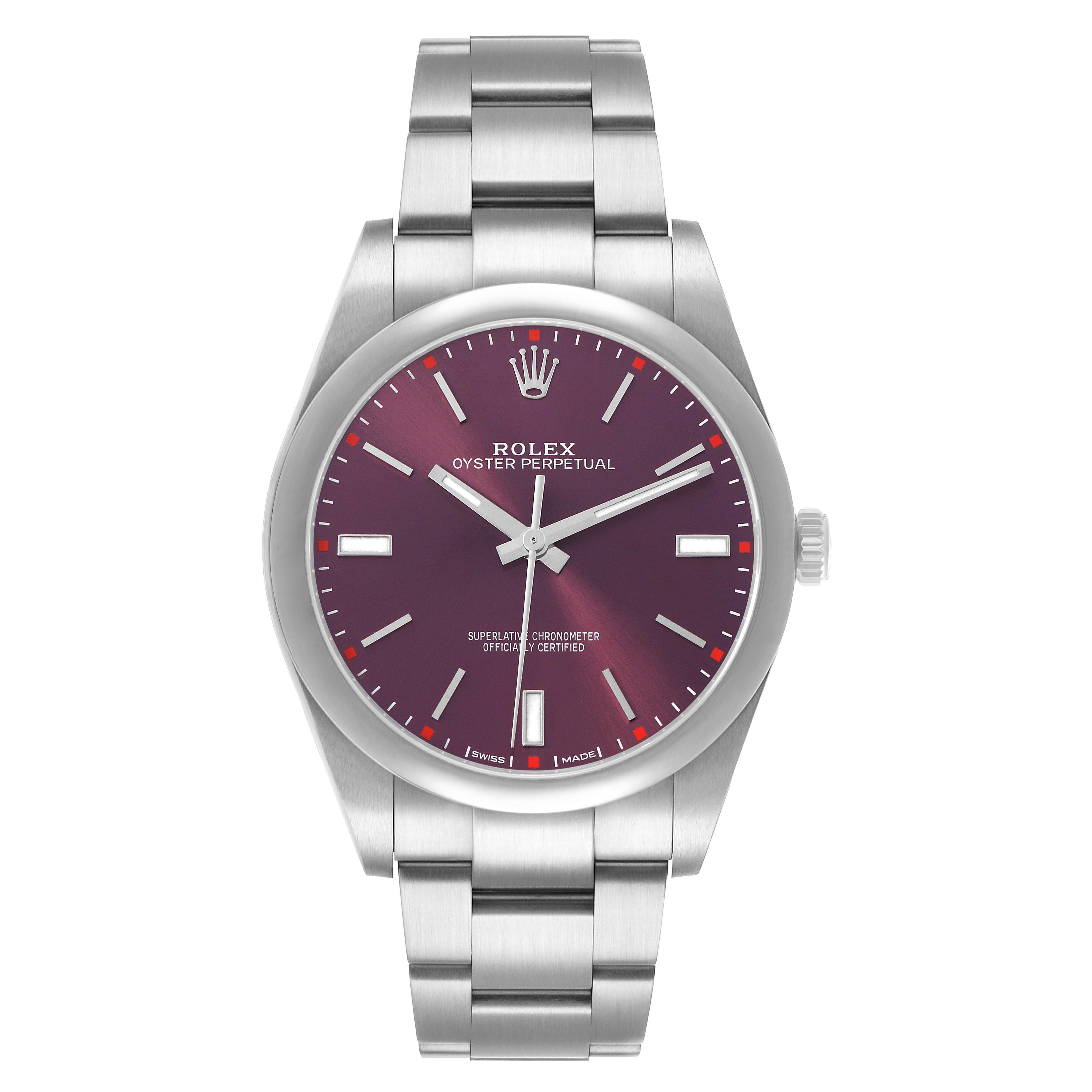 The Rolex Oyster Perpetual 114300 Men's Stainless Steel Purple Dial watch is shown from a top-down angle, displaying the bracelet, case, and dial.