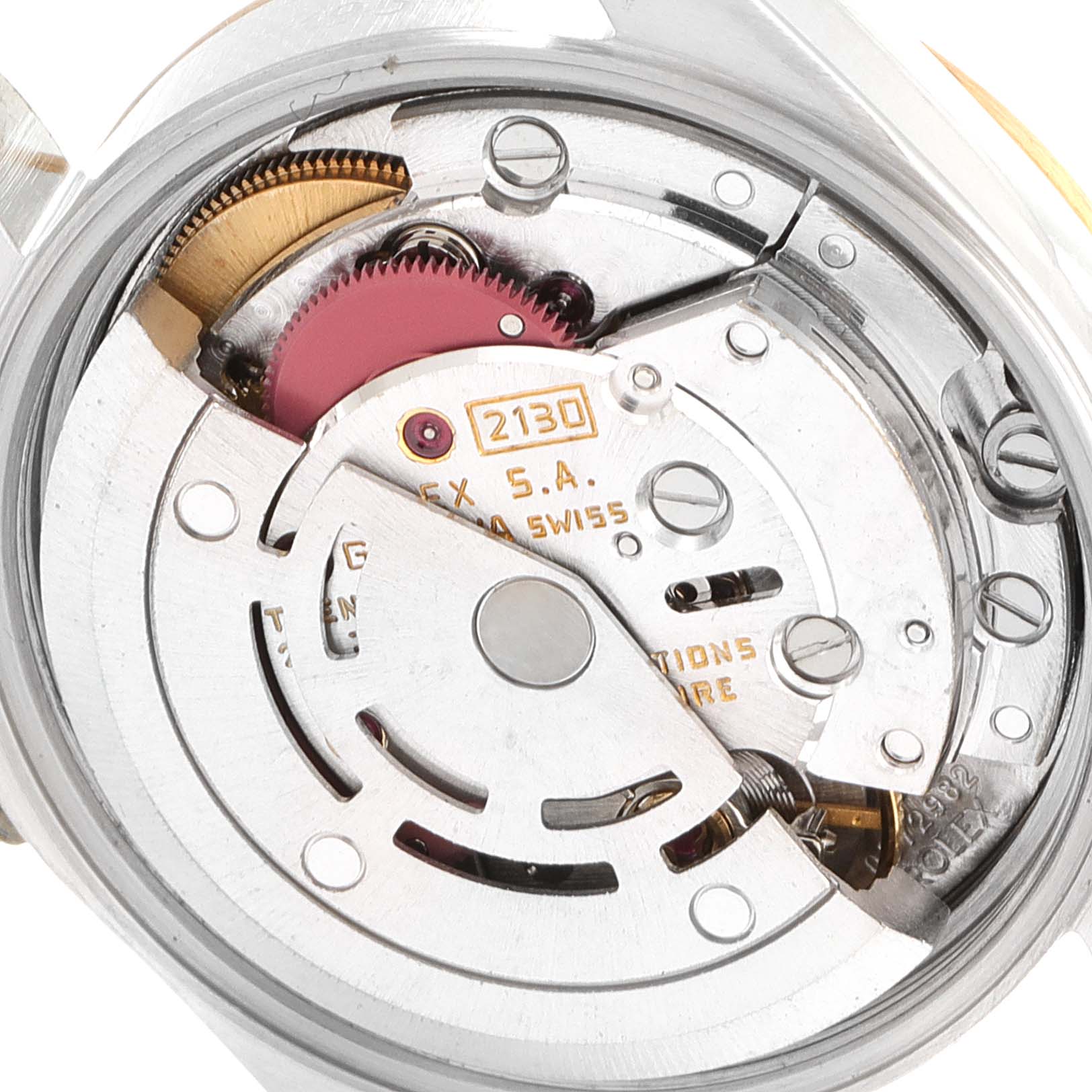 The image shows the internal mechanism of the Rolex Oyster Perpetual 67193 Women
s Steel and Gold (two tone) Champagne Dial 67193 Women
s Steel and Gold (two tone) Champagne Dial model, viewed from the back.