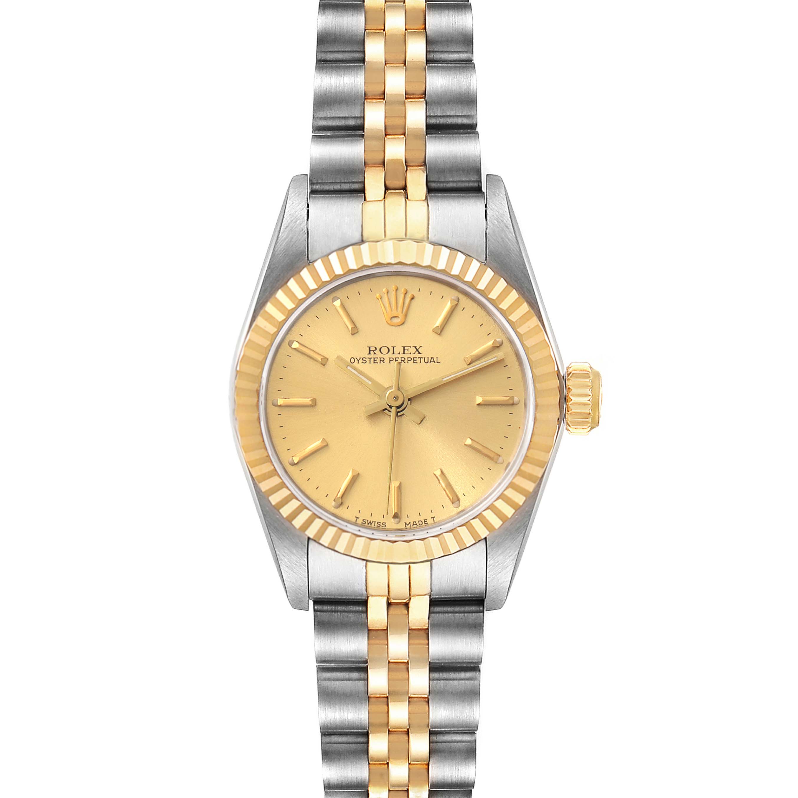 The Rolex Oyster Perpetual 67193 Women
s Steel and Gold (two tone) Champagne Dial 67193 Women
s Steel and Gold (two tone) Champagne Dial watch is shown from a front angle displaying its face, bezel, crown, and two-tone bracelet.