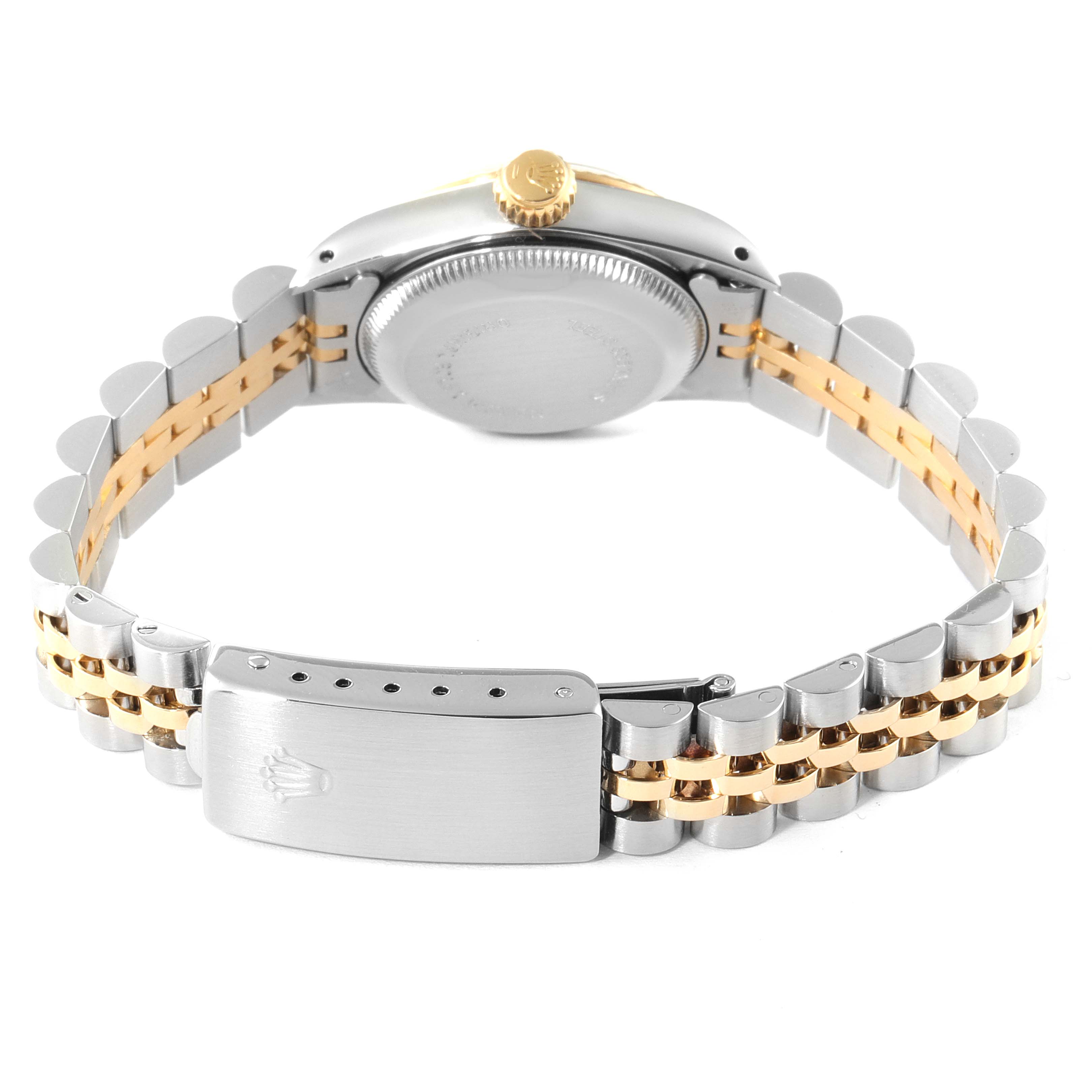 This image shows the back view of a Rolex Oyster Perpetual 67193 Women
s Steel and Gold (two tone) Champagne Dial 67193 Women
s Steel and Gold (two tone) Champagne Dial watch, highlighting its clasp, bracelet, and caseback.