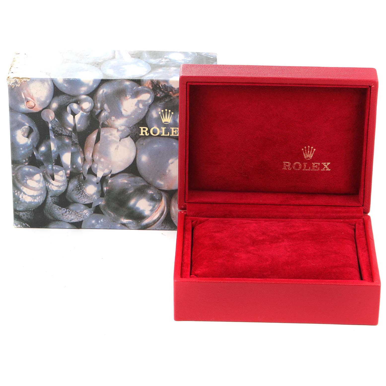 The image shows a red Rolex Oyster Perpetual 67193 Women
s Steel and Gold (two tone) Champagne Dial 67193 Women
s Steel and Gold (two tone) Champagne Dial watch box and its outer packaging with a pearl-themed design.