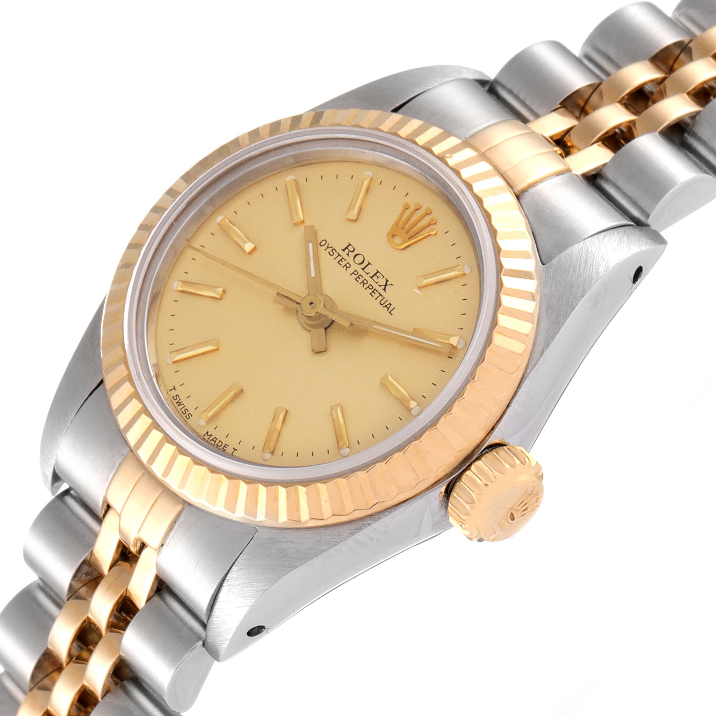 This image shows a close-up angle of a Rolex Oyster Perpetual 67193 Women
s Steel and Gold (two tone) Champagne Dial 67193 Women
s Steel and Gold (two tone) Champagne Dial watch, highlighting the gold bezel, dial, and two-tone bracelet.