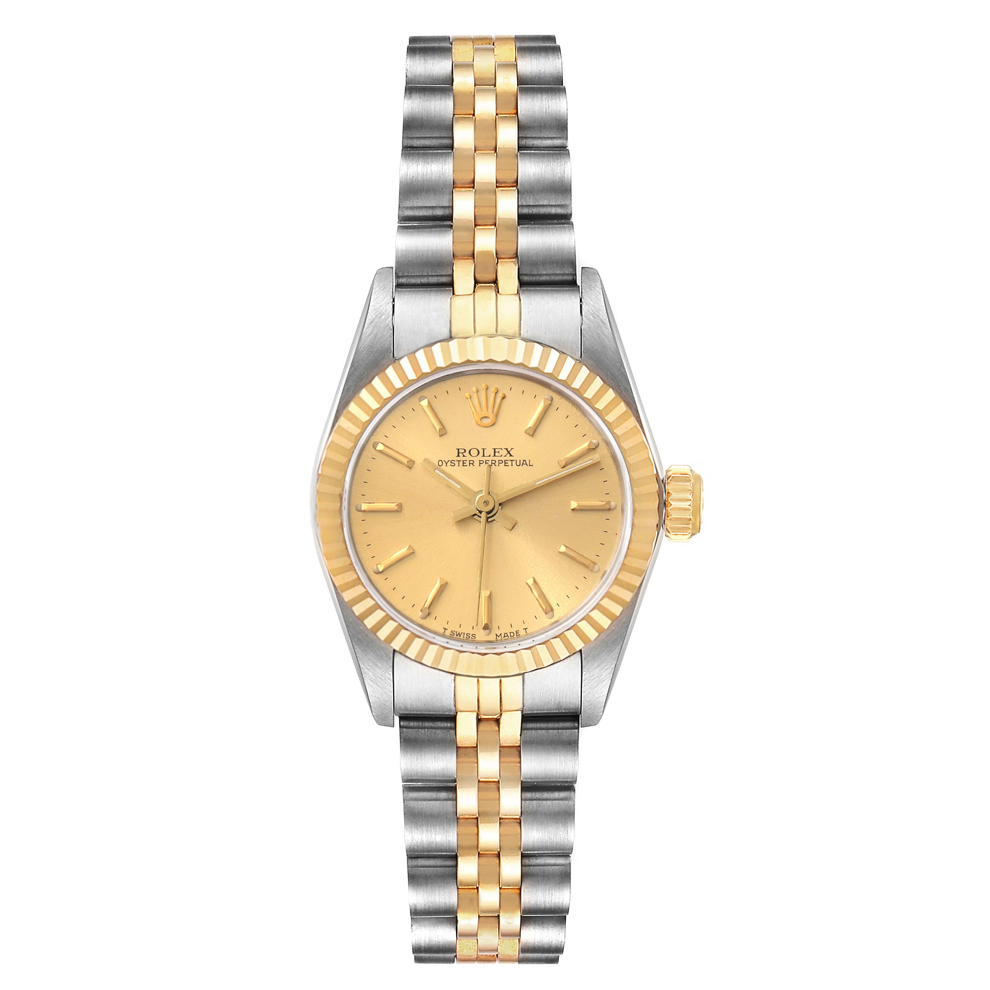 This is a front view of a Rolex Oyster Perpetual 67193 Women
s Steel and Gold (two tone) Champagne Dial 67193 Women
s Steel and Gold (two tone) Champagne Dial watch, showing the dial, bezel, case, and bracelet.