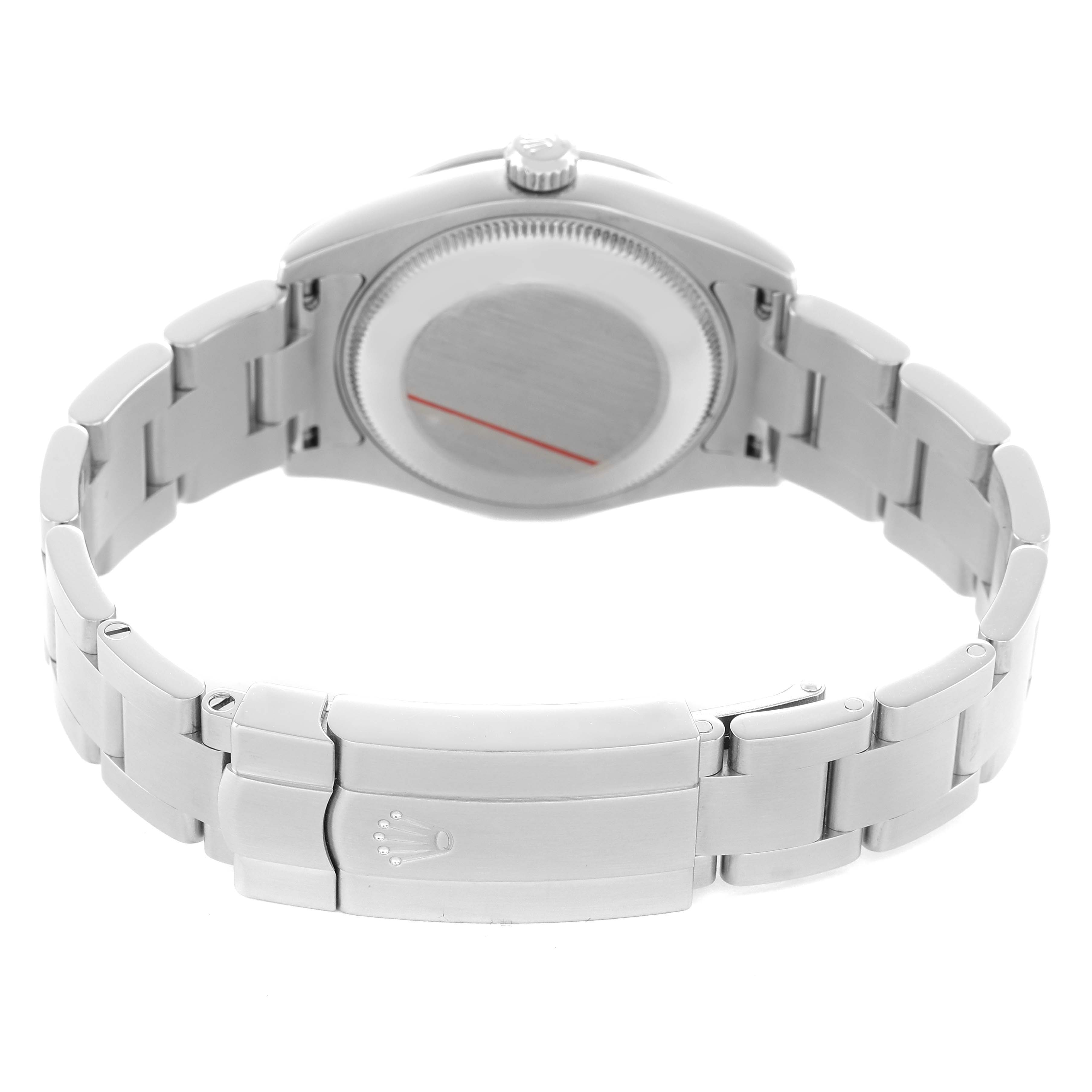 The image shows the back side of a Rolex Oyster Perpetual 177200 Women's Stainless Steel Black Dial, featuring the case back and clasp of the metal bracelet.