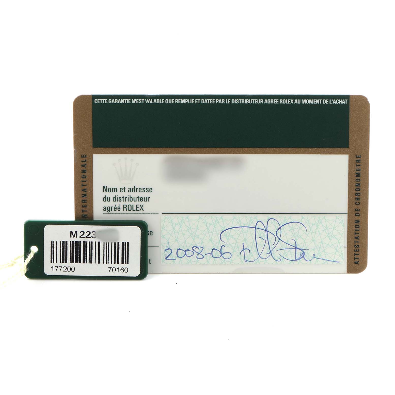 The image shows warranty and certification cards for a Rolex Oyster Perpetual 177200 Women's Stainless Steel Black Dial watch.