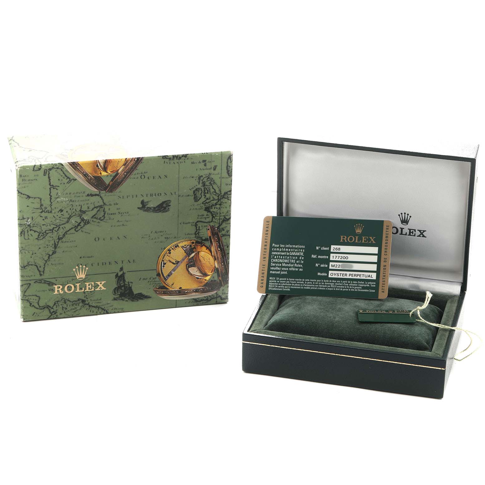 The image shows a Rolex Oyster Perpetual 177200 Women's Stainless Steel Black Dial watch box, warranty card, and Rolex-branded booklet.
