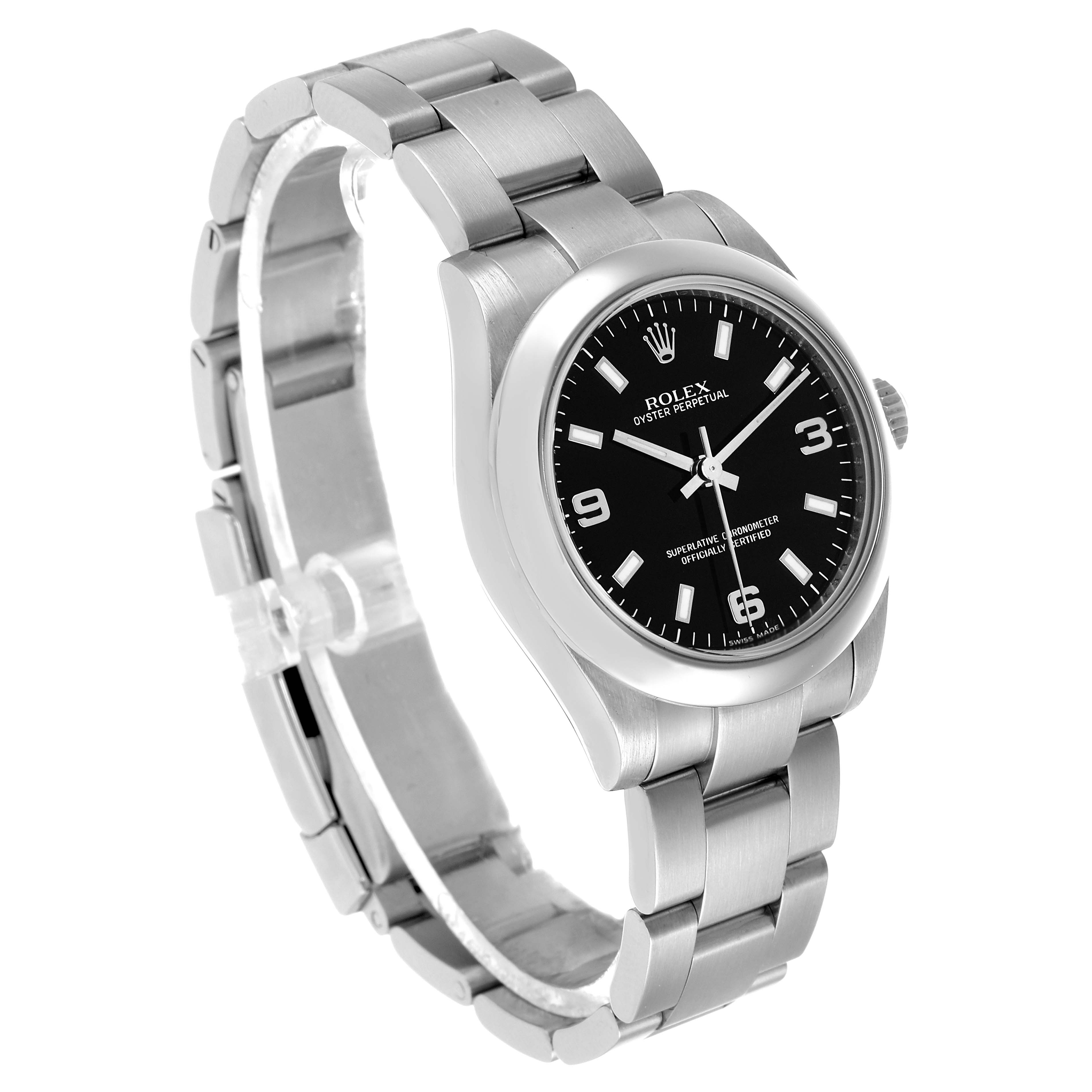 The Rolex Oyster Perpetual 177200 Women's Stainless Steel Black Dial watch is shown from a three-quarter angle, displaying its face, bezel, and bracelet.