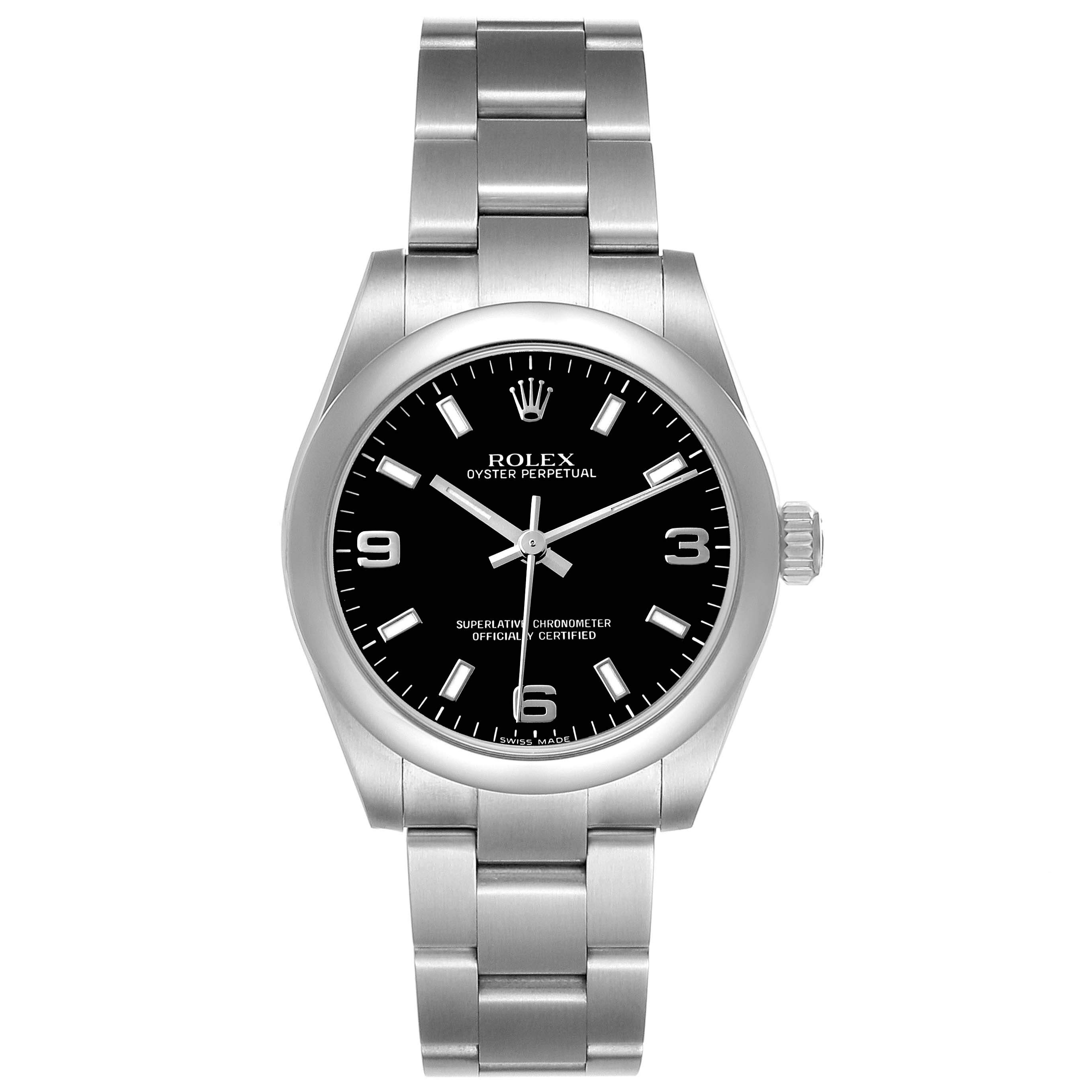 The Rolex Oyster Perpetual 177200 Women's Stainless Steel Black Dial watch is shown from a front angle, displaying the face, bezel, and bracelet.