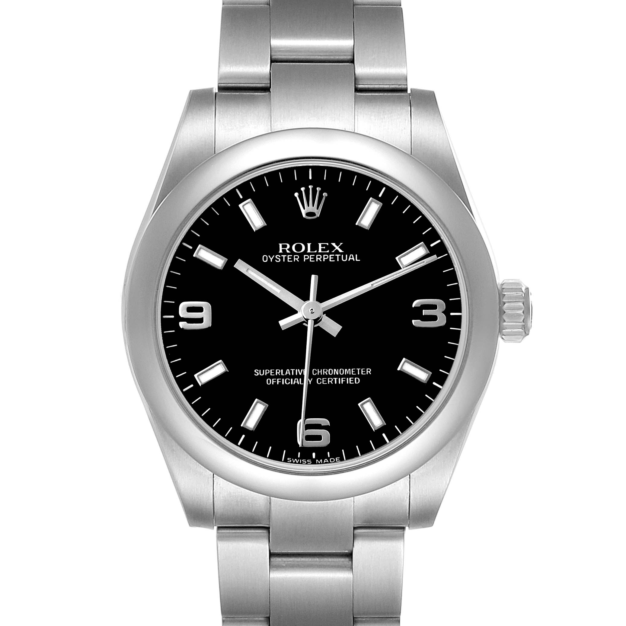 The Rolex Oyster Perpetual 177200 Women's Stainless Steel Black Dial watch is shown from the front, displaying its black dial, silver markers, and stainless steel bracelet.