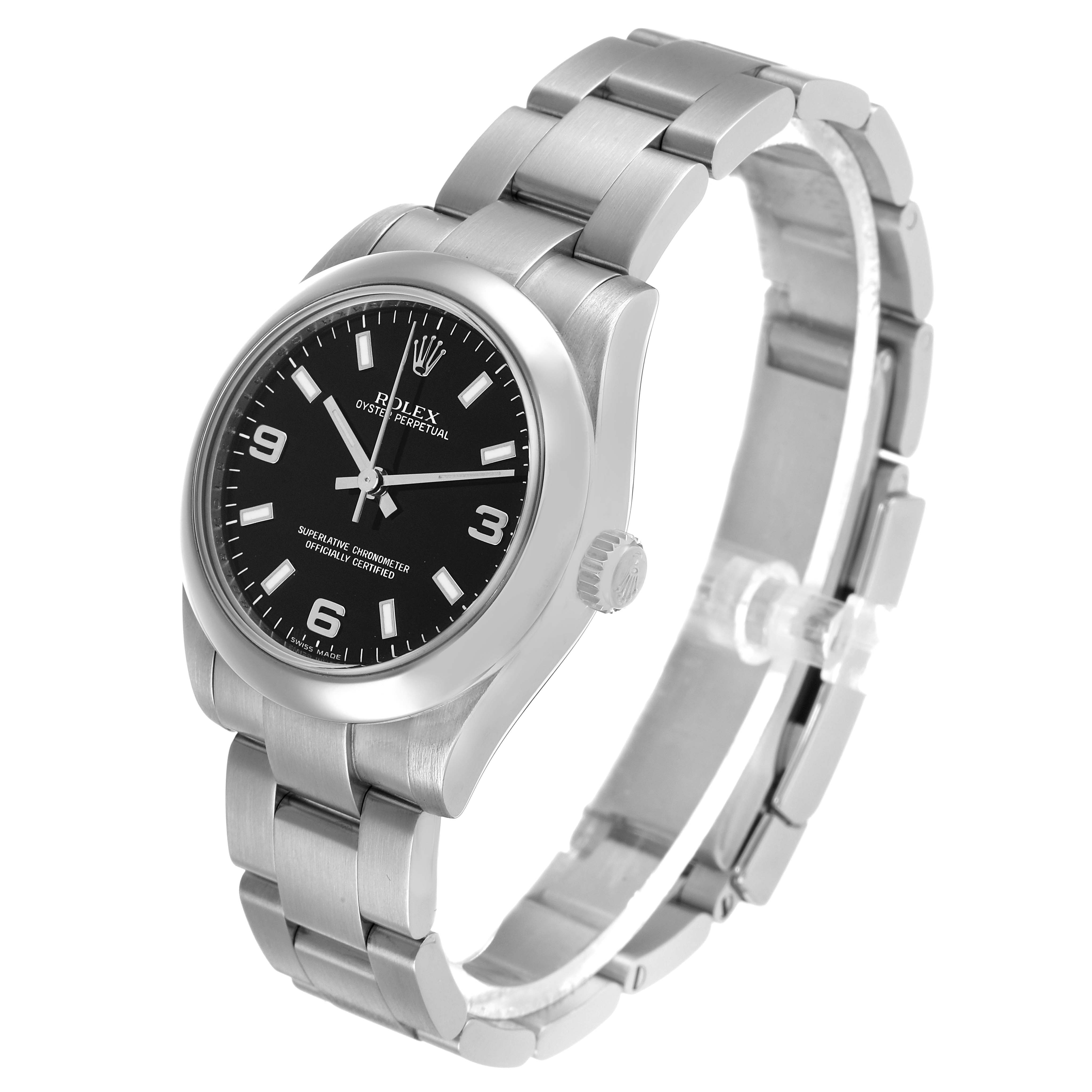 The Rolex Oyster Perpetual 177200 Women's Stainless Steel Black Dial watch is shown at a three-quarter angle, highlighting the face, bracelet, and crown.