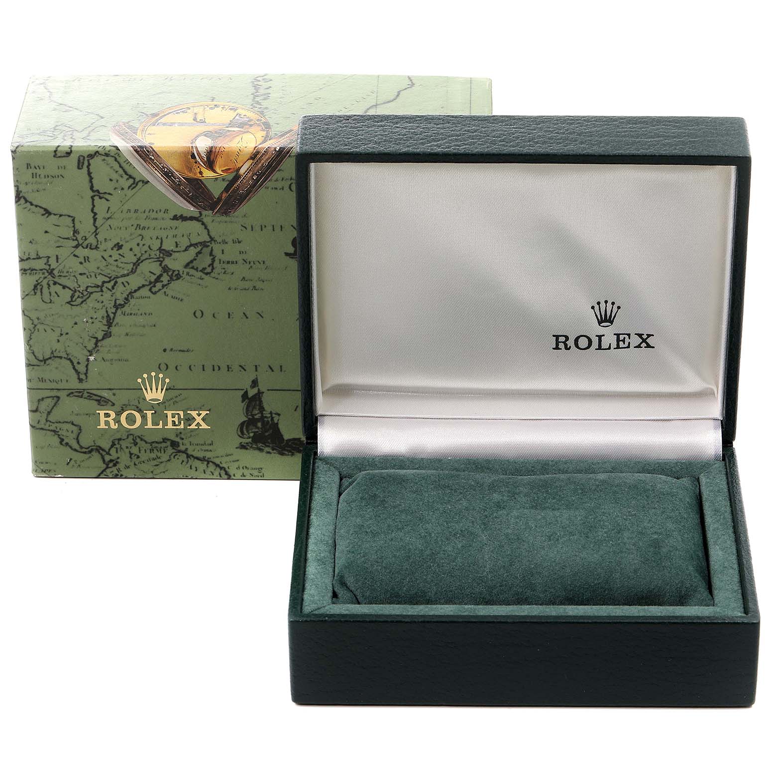 The image shows an open Rolex watch box and a closed outer box for the Rolex Oyster Perpetual 67180 Women's Stainless Steel Pink Dial 67180 Women's Stainless Steel Pink Dial model.