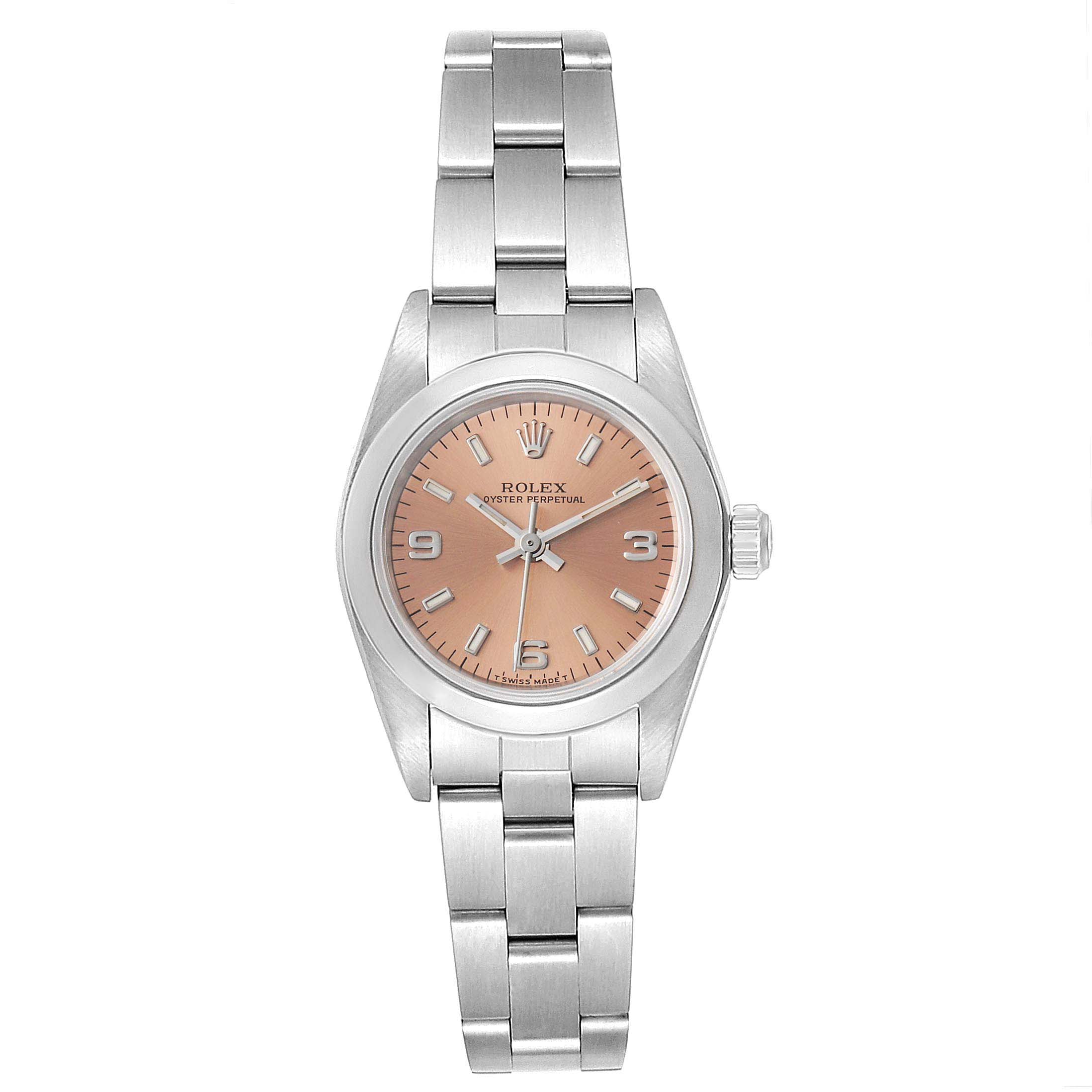 The image shows a front view of the Rolex Oyster Perpetual 67180 Women's Stainless Steel Pink Dial 67180 Women's Stainless Steel Pink Dial watch, displaying its face, bezel, and bracelet.