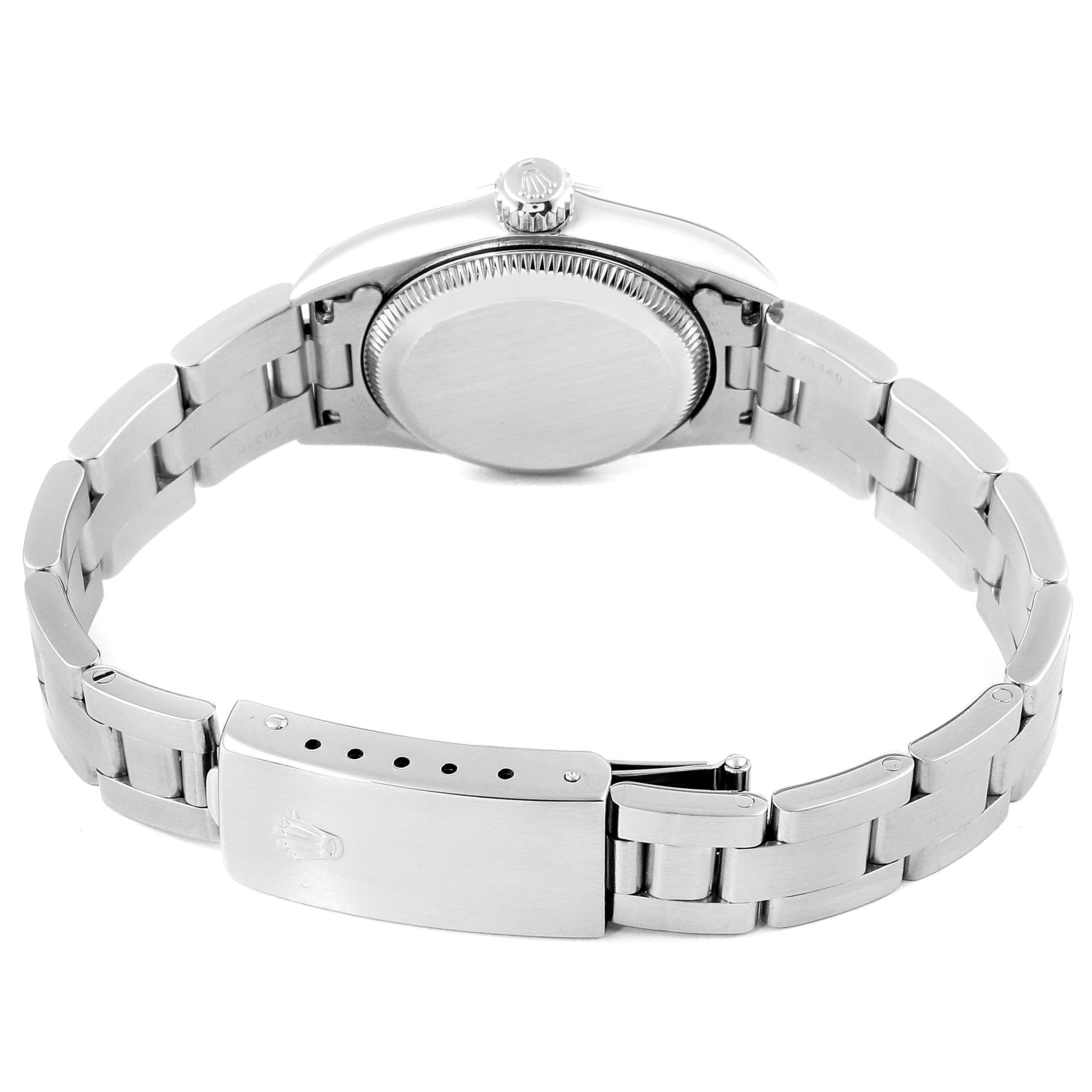 This image shows the back view of a Rolex Oyster Perpetual 67180 Women's Stainless Steel Pink Dial 67180 Women's Stainless Steel Pink Dial watch, including the case back, crown, and bracelet.