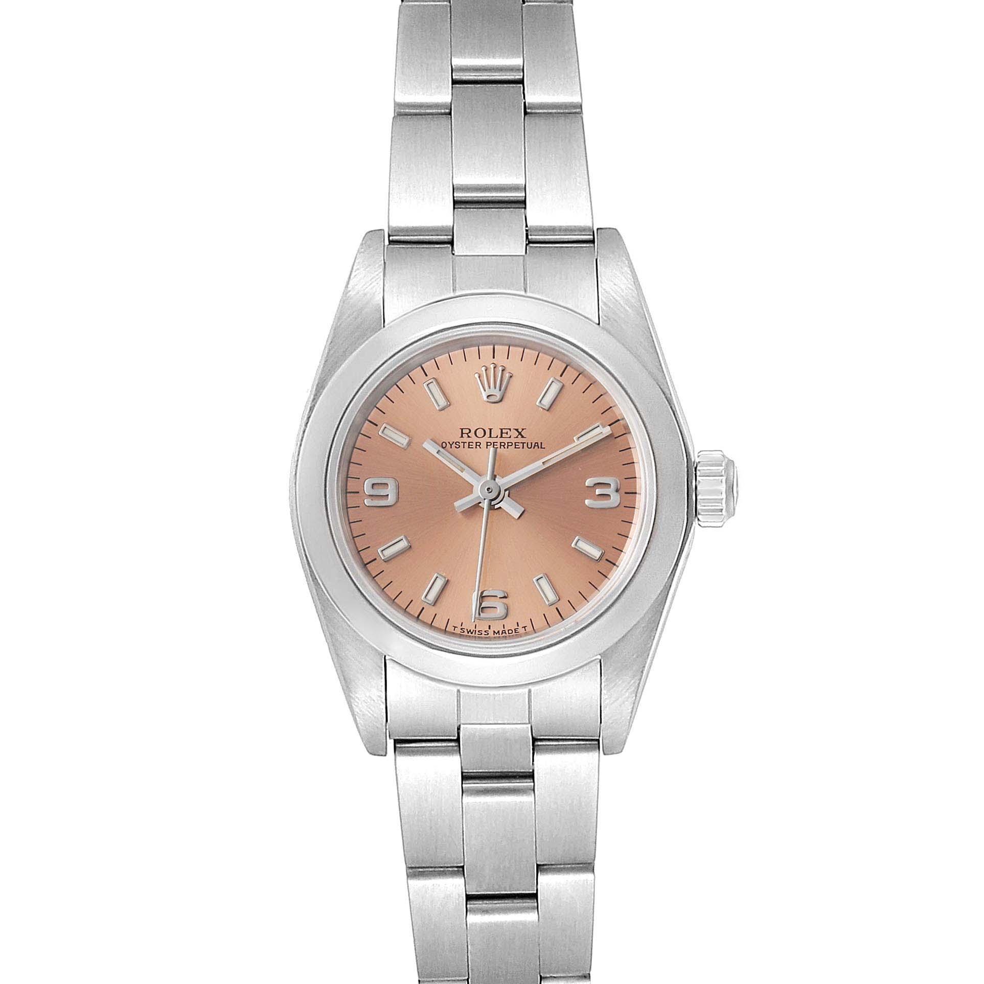This image shows a Rolex Oyster Perpetual 67180 Women's Stainless Steel Pink Dial 67180 Women's Stainless Steel Pink Dial watch from a top-down angle, highlighting its face, bezel, and bracelet.