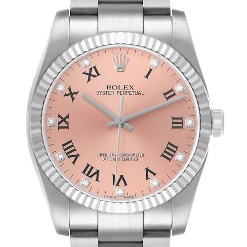 The Rolex Oyster Perpetual 116034 Men's Stainless Steel Pink Dial watch is shown from the front, highlighting the dial, bezel, and part of the bracelet.
