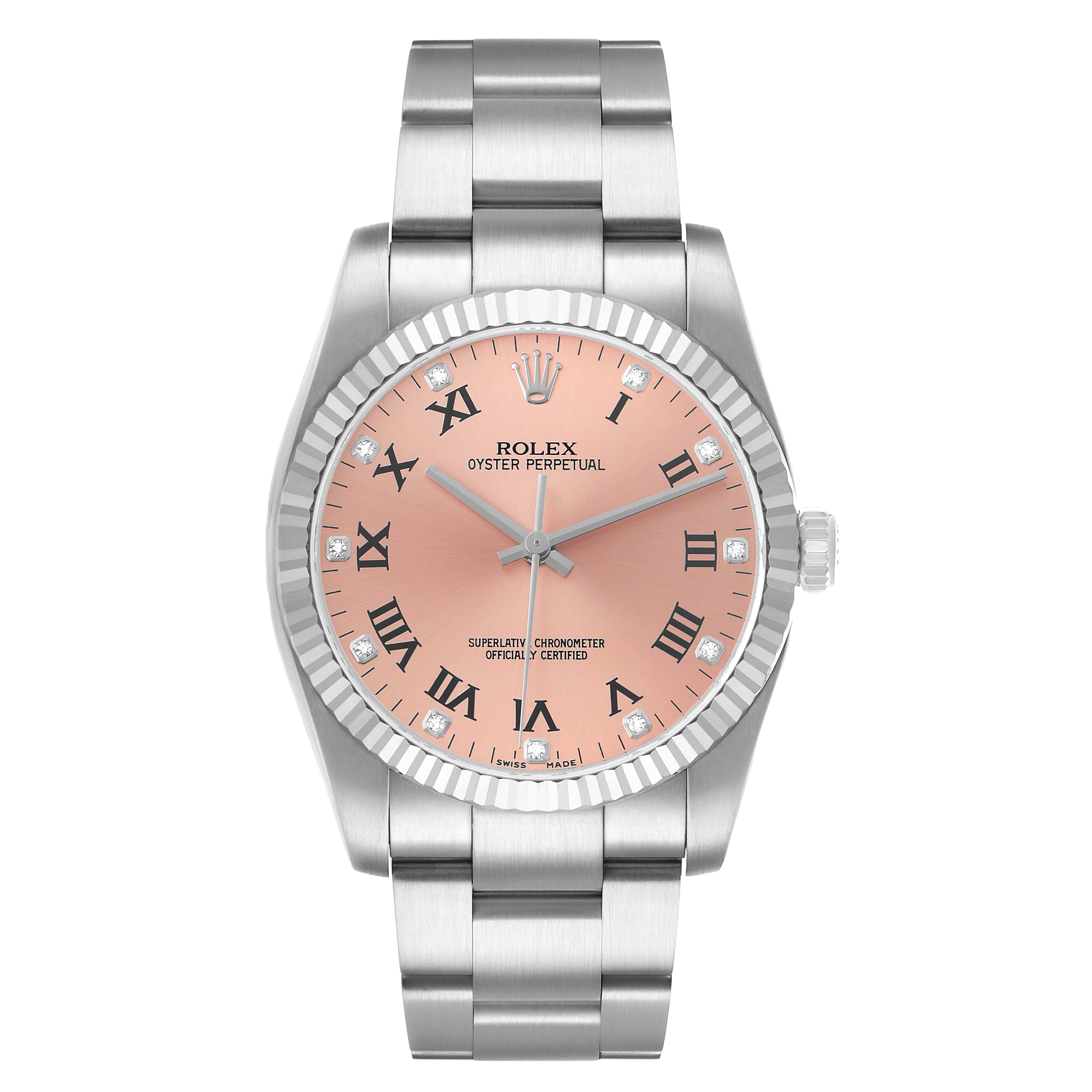 This Rolex Oyster Perpetual 116034 Men's Stainless Steel Pink Dial watch is shown from a front angle, displaying the face, bezel, case, and bracelet.