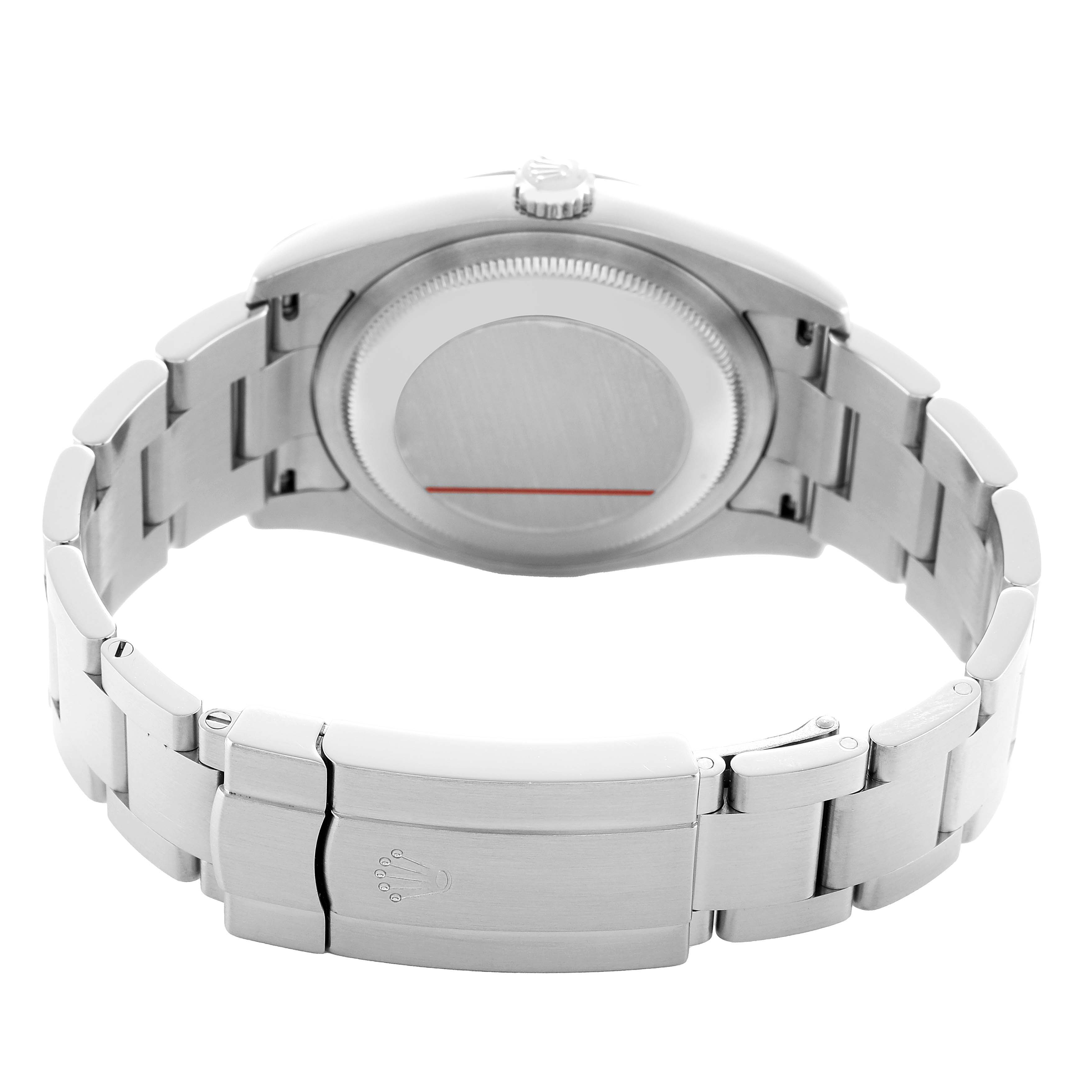 The image shows the back view of a Rolex Oyster Perpetual 116034 Men's Stainless Steel Pink Dial watch, displaying the case back, bracelet, and clasp.