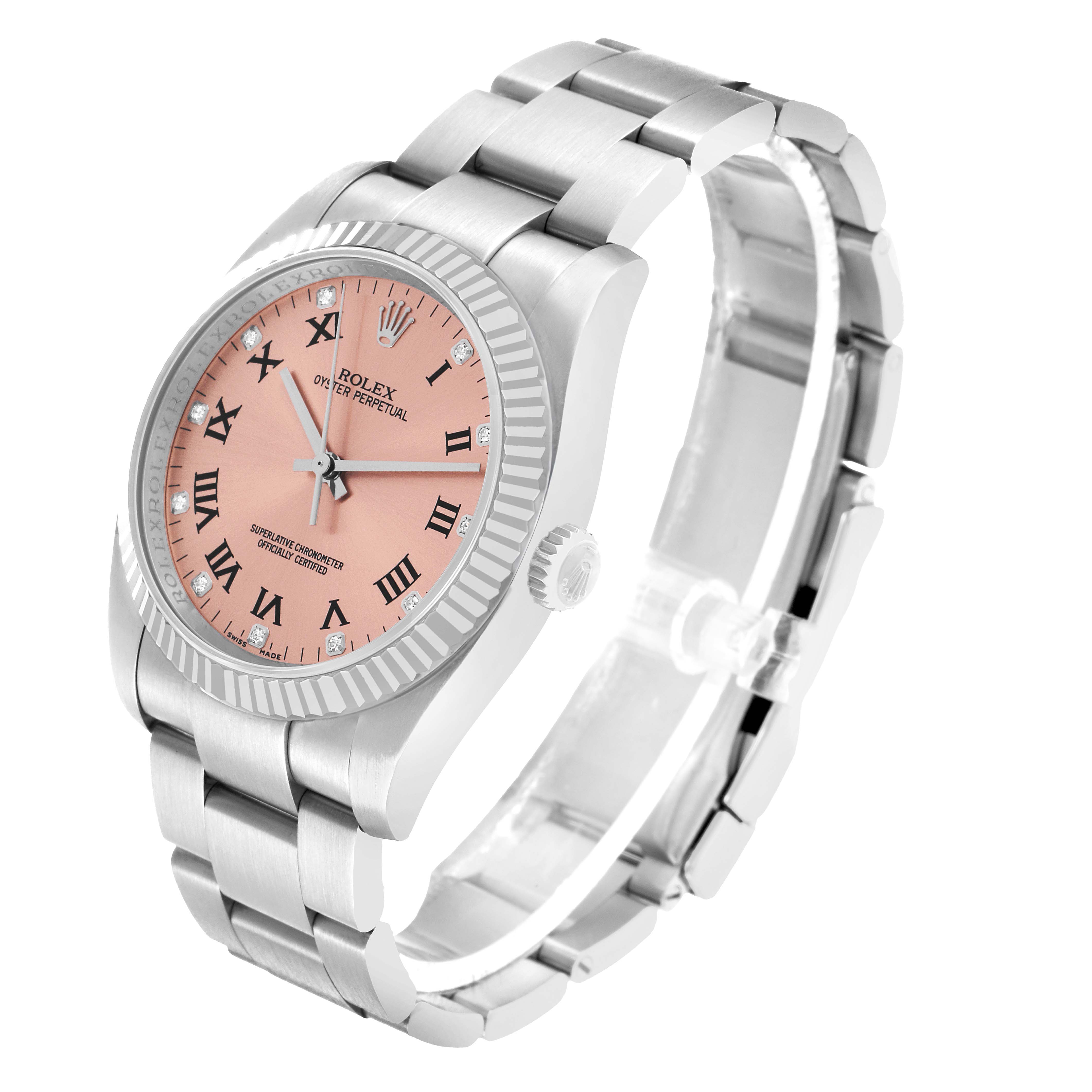 The Rolex Oyster Perpetual 116034 Men's Stainless Steel Pink Dial watch is shown at a three-quarter angle, displaying the face, crown, bezel, and part of the bracelet.