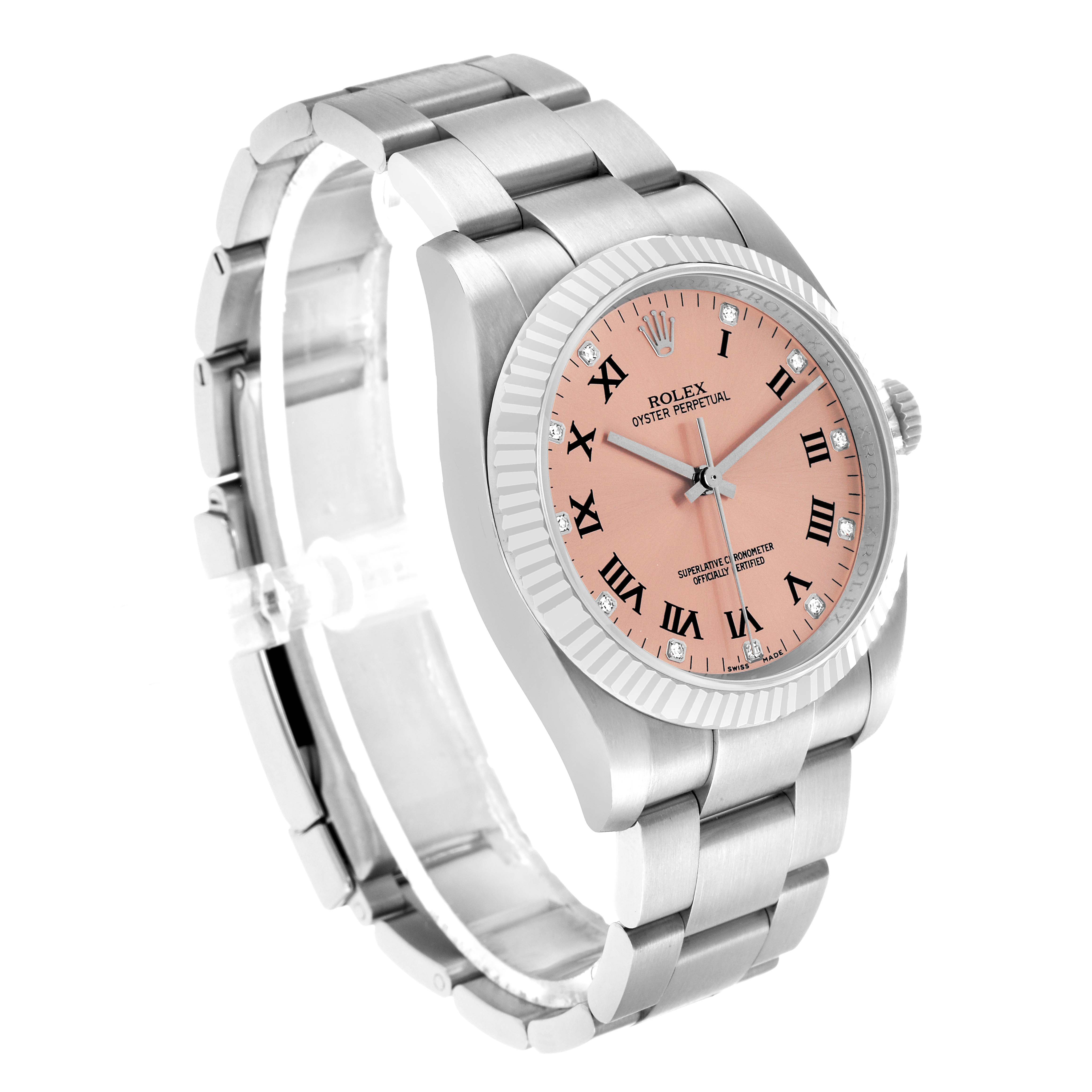 The Rolex Oyster Perpetual 116034 Men's Stainless Steel Pink Dial watch is shown at a three-quarter angle, highlighting its bracelet, case, and pink dial with Roman numerals.